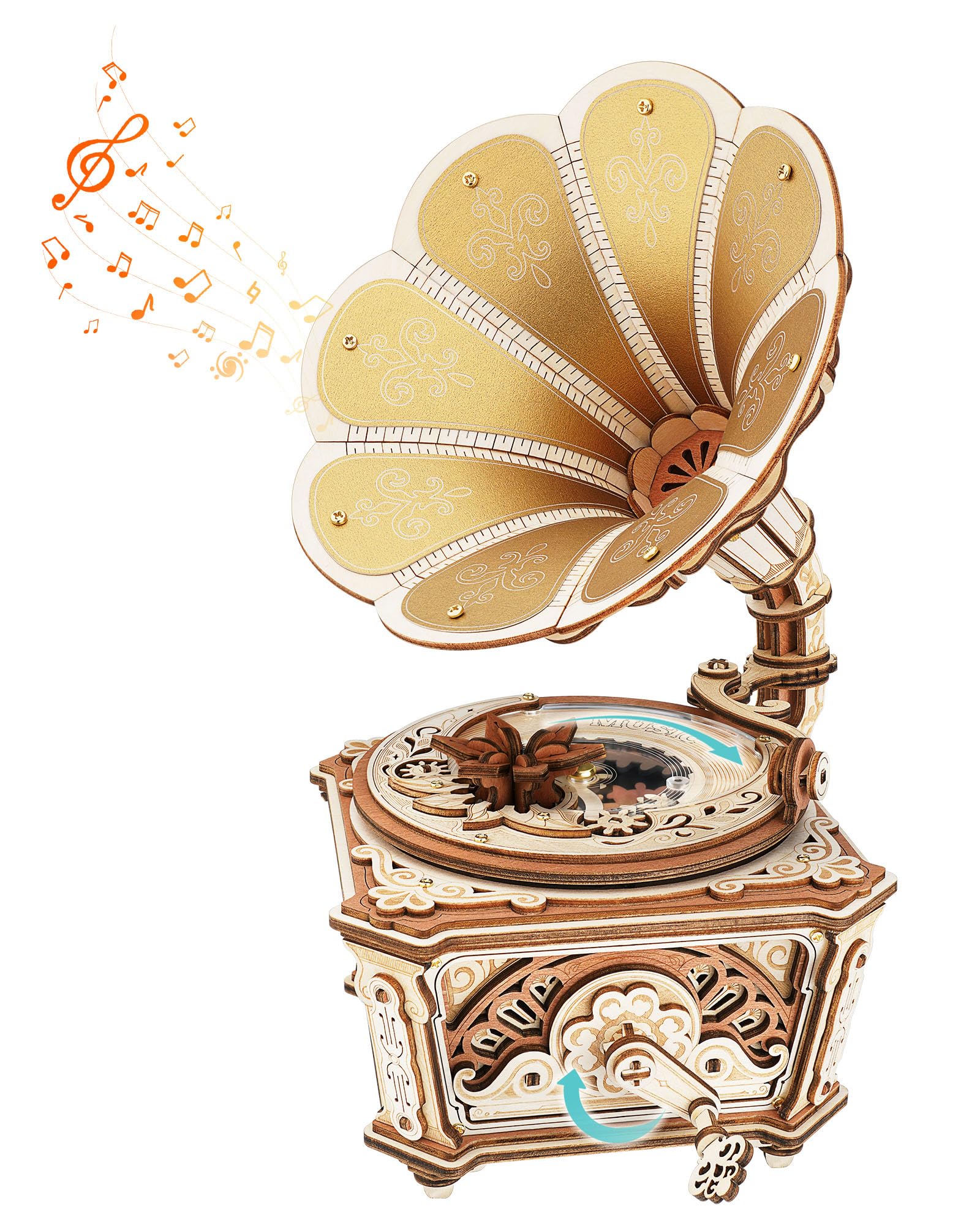 ROKR Diva Grammophon 3D Holzpuzzle Mechanische Spieluhr AMK82 | Vintage DIY Bausatz ohne Kleber, dekoratives Grammophon-Modell, kreative Geschenkidee für Erwachsene und Musikliebhaber