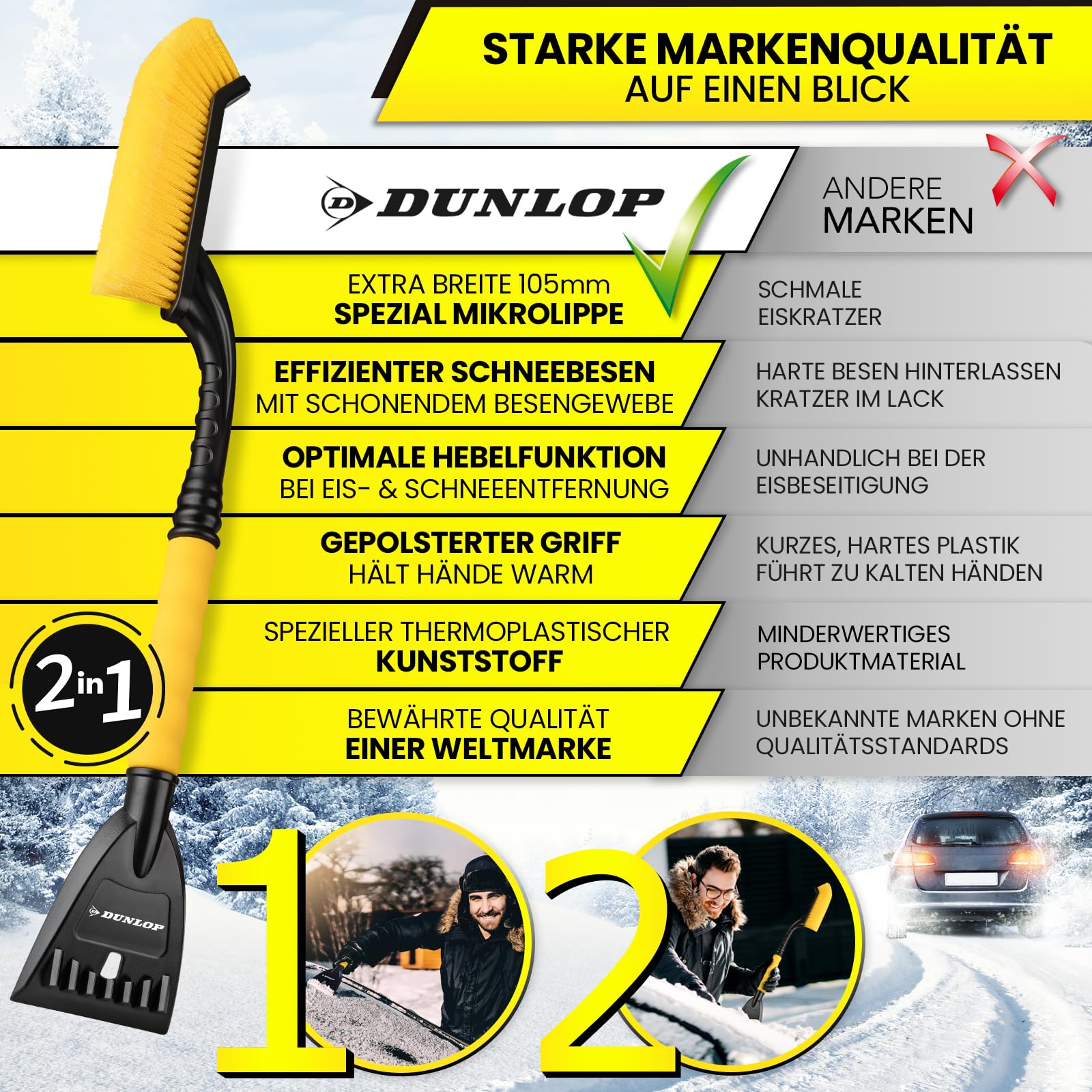 DUNLOP Eiskratzer Auto mit Besen Blitzschnell Eis und Schnee mit 105 mm breiter Spezial Mikrolippe schonend entfernen Teleskop Car Scheibenkratzer