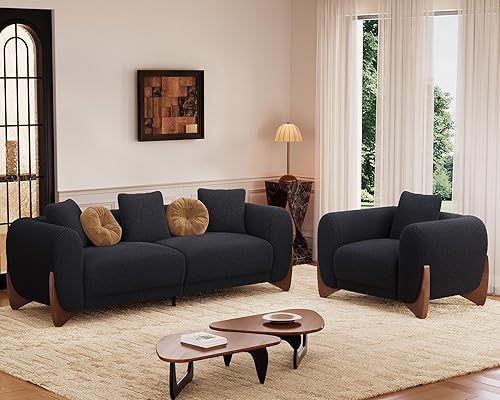 Morden Fort Juego de Sofá Cloud de 2 Piezas, Juego de Sofá Moderno Sherpa Boucle con Patas de Madera, Sofás Cómodos Tapizados Minimalistas Amigables