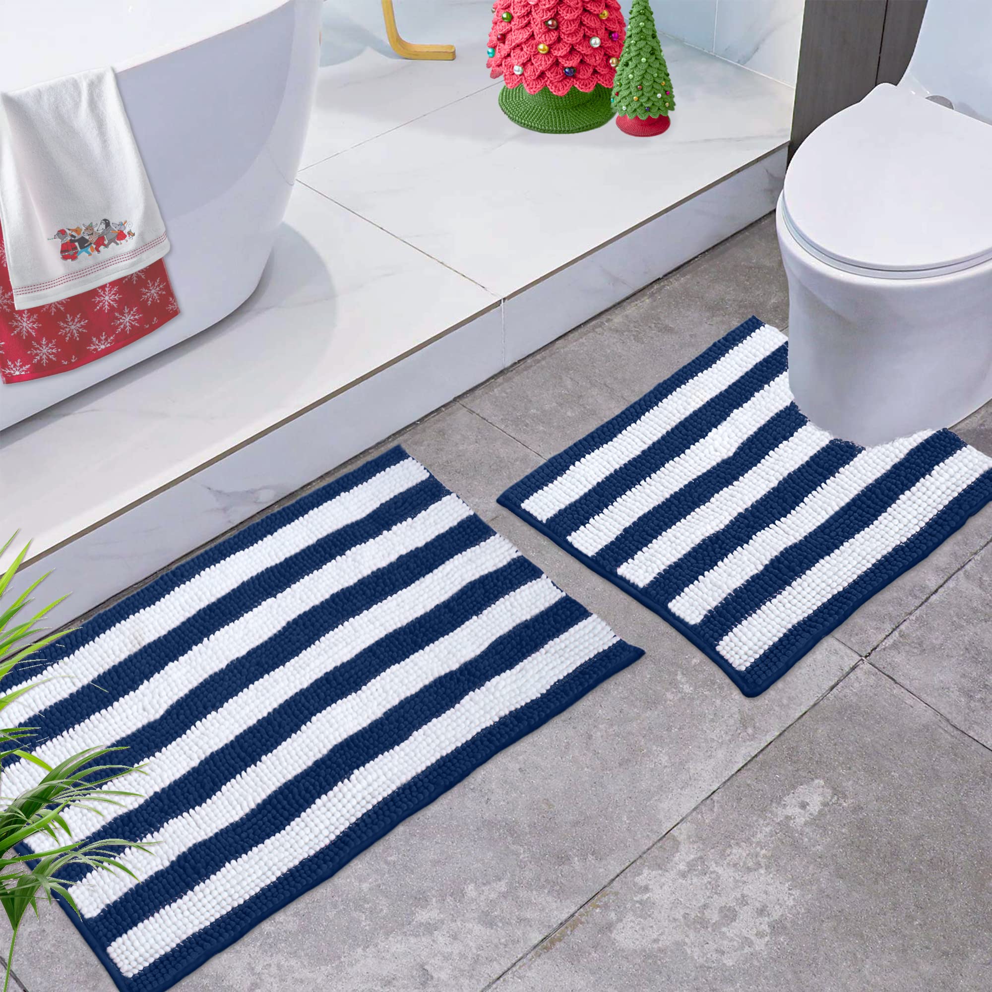 bathroom rugs by luxurux, luxury chenille 2-piece bath mat set, soft plush bath rug + u shaped toilet mat.1'' microfiber shaggy carpet, super absorbent bath mats. (standard, striped blue)