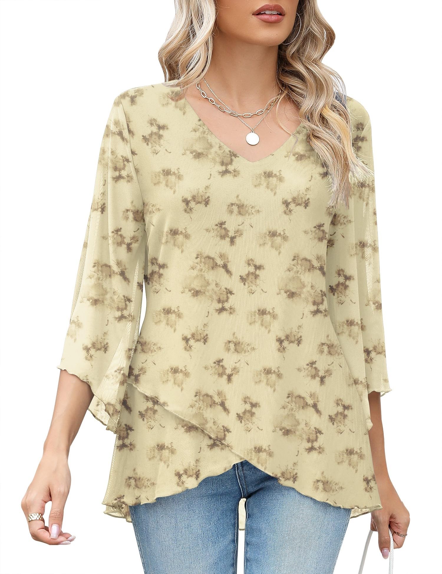 LOMON Women's 3/4 Sleeve V Neck Blouse Business Casual Mesh Tunic Tops Loose Fit Double Layered Shirts
