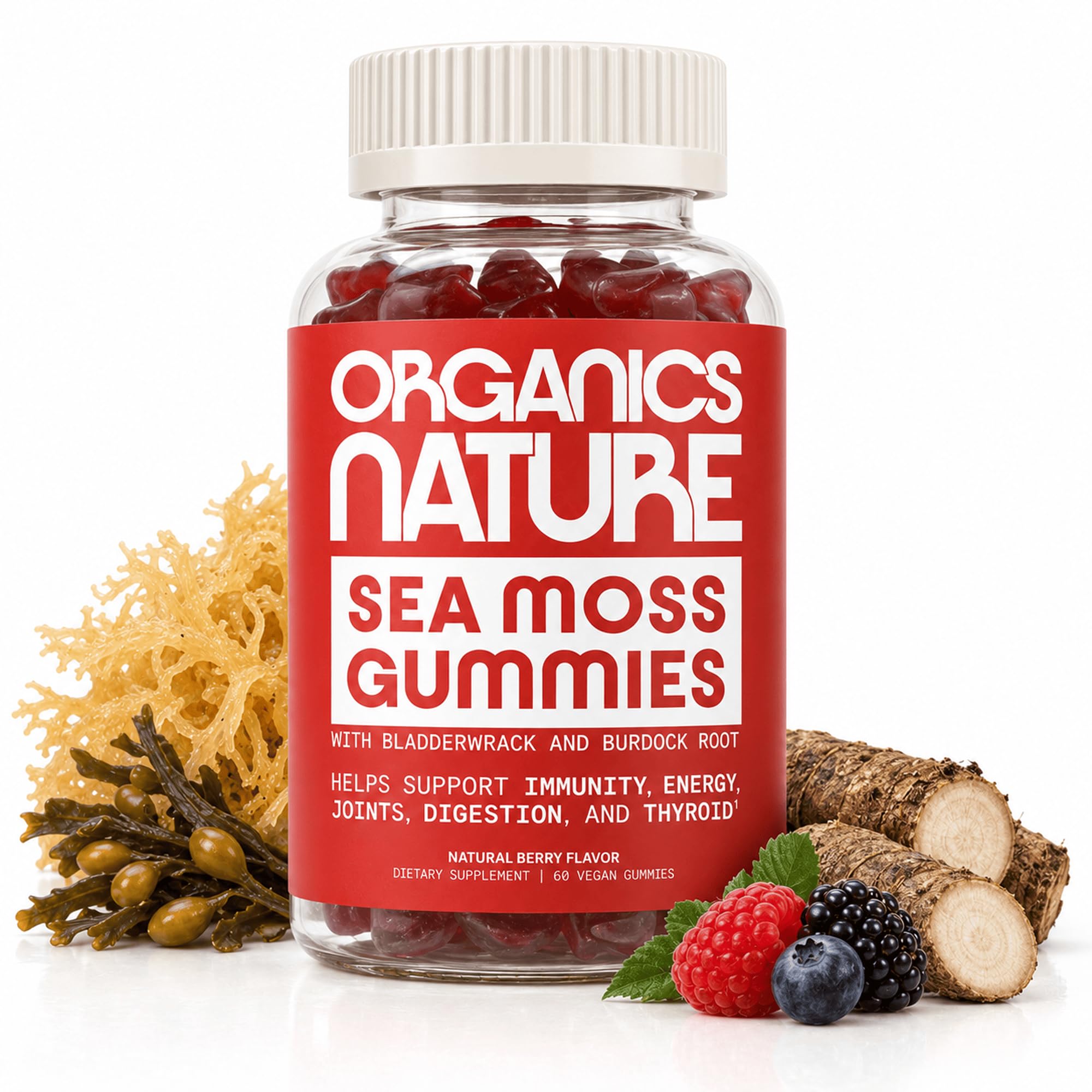 ORGANICS NATURE Irish Sea Moss Gummi für Lung Detox, Schilddrüse, Stärke Immun- und Energieunterstützung, Vegan Seamoss Gummi für Kinder & Erwachsene - 60 Vegan Gummy Bears Berry Flavored