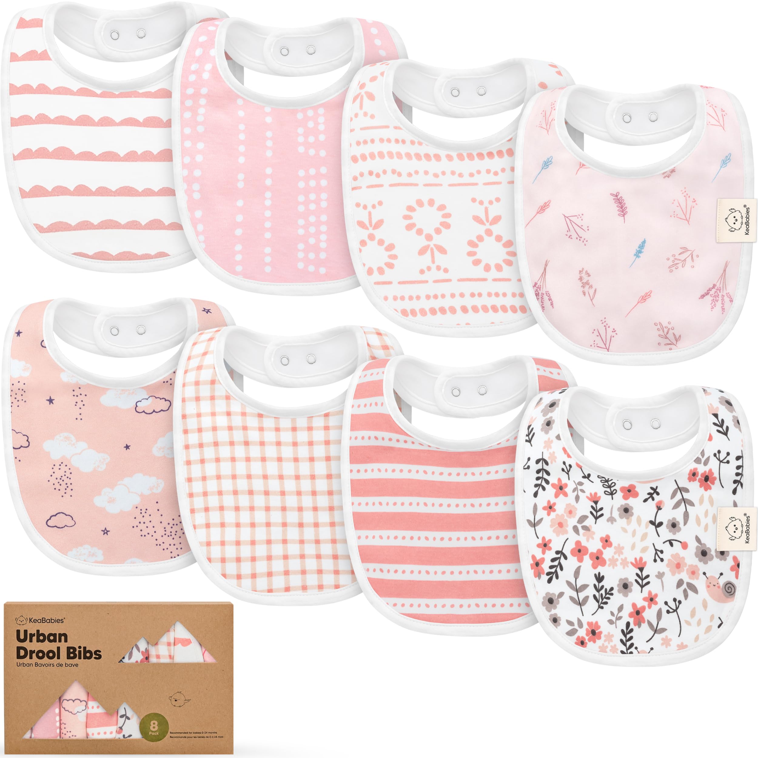 KeaBabies 8-Pack Organic Baby Bibs for Girls & Boys - Teething Baby Bibs for Boy, Girl - Newborn Bibs for Baby Girl, Boy (Sweet Charm)
