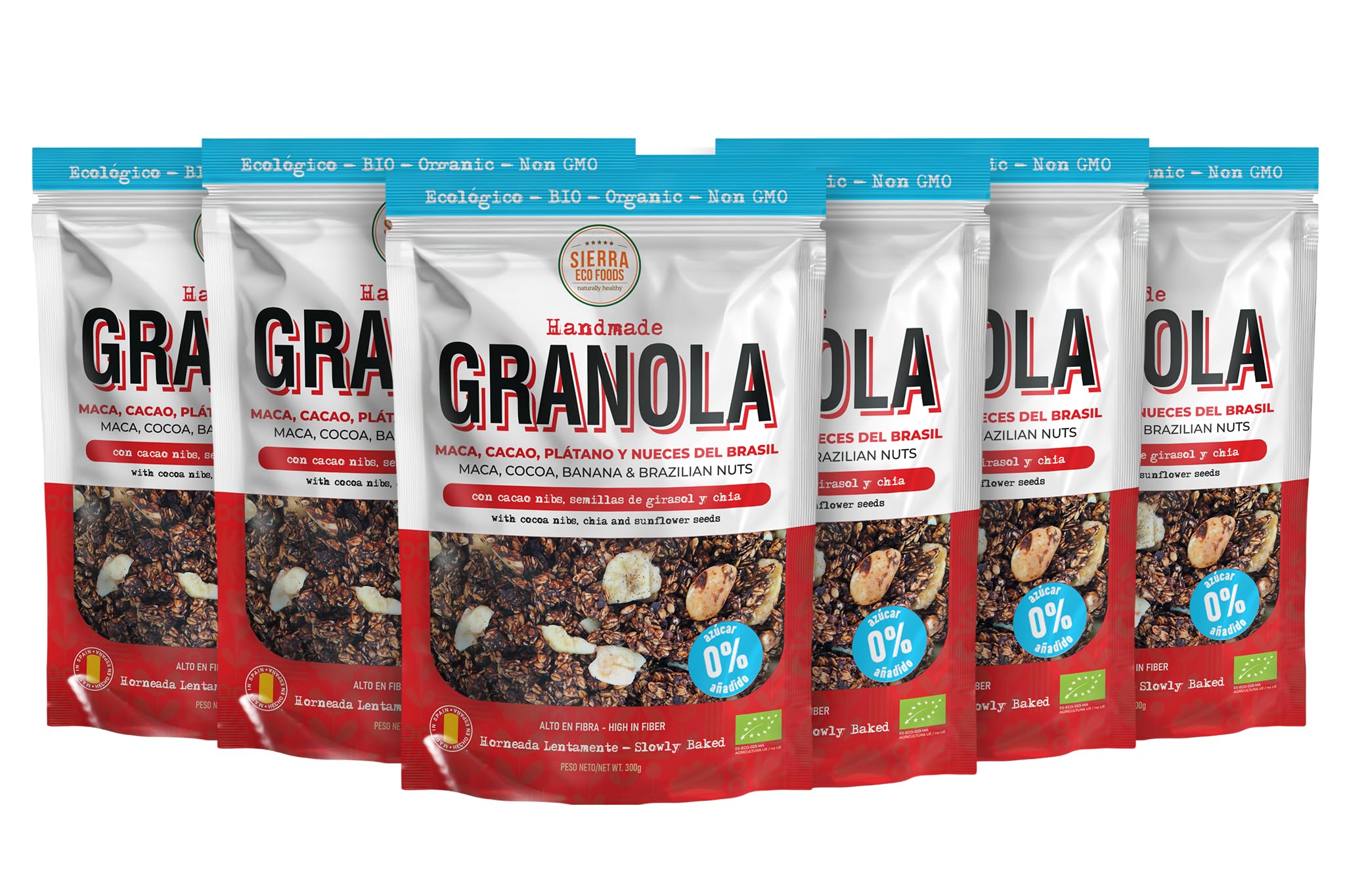 Granola Ecológica y Artesana con Maca, Cacao, Plátano, Nueces de Brasil, Pasta de Dátiles, Aceite de Oliva, Nibs de Cacao, Semillas y Avena Integral, 0% Azúcares Añadidos (Pack: 6 bolsas de 300g)