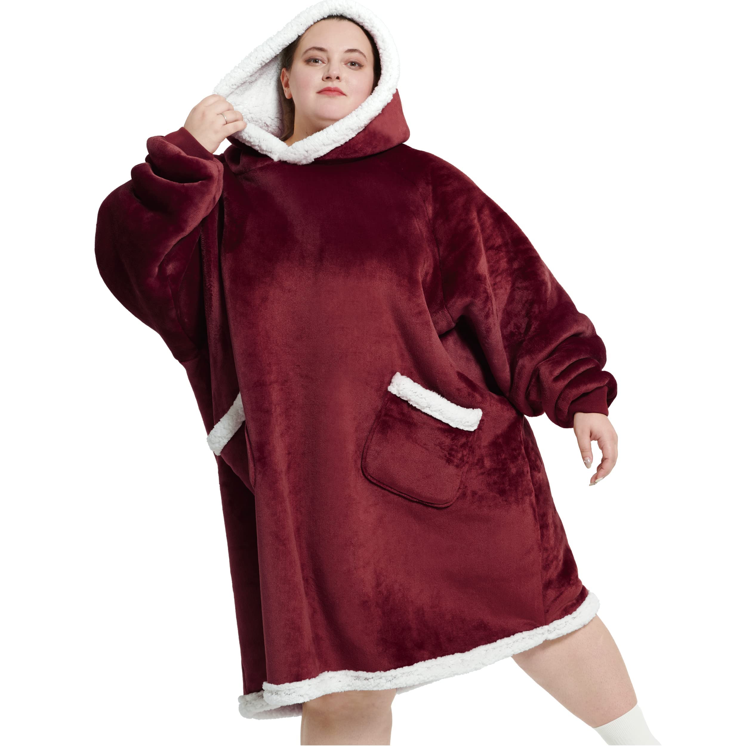 BedsureOversized Wearable Blanket Hoodie Women Sherpa Fleece Hoodie  Blanket for Adults Men, Warm Hooded Blanket as Gifts for Her, Red, 110 x 90  cm - Main Image