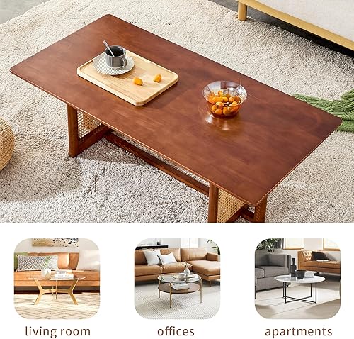 Miniatura 6 de LKTART Mesa auxiliar para sala de estar, mesa rectangular de madera maciza, moderna mesa de centro de ratán de imitación, patas cruzadas, mesa de té