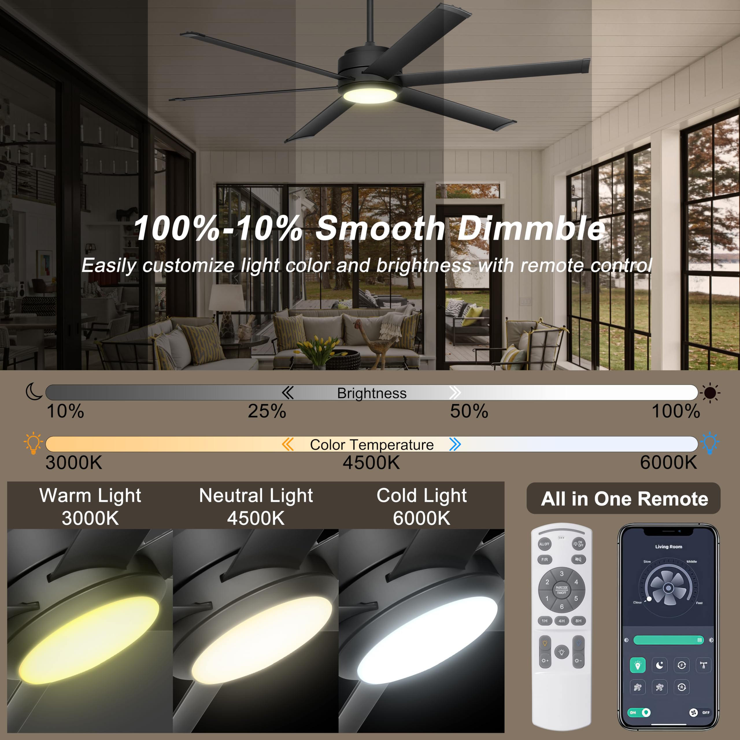 Ohniyou Ventilatore a Soffitto da 152 cm con Luce - Telecomando e APP, Dimmabile, Motore a Corrente Continua, Ventilatore a Soffitto Esterno per Patio Camera da Letto Soggiorno, Nero