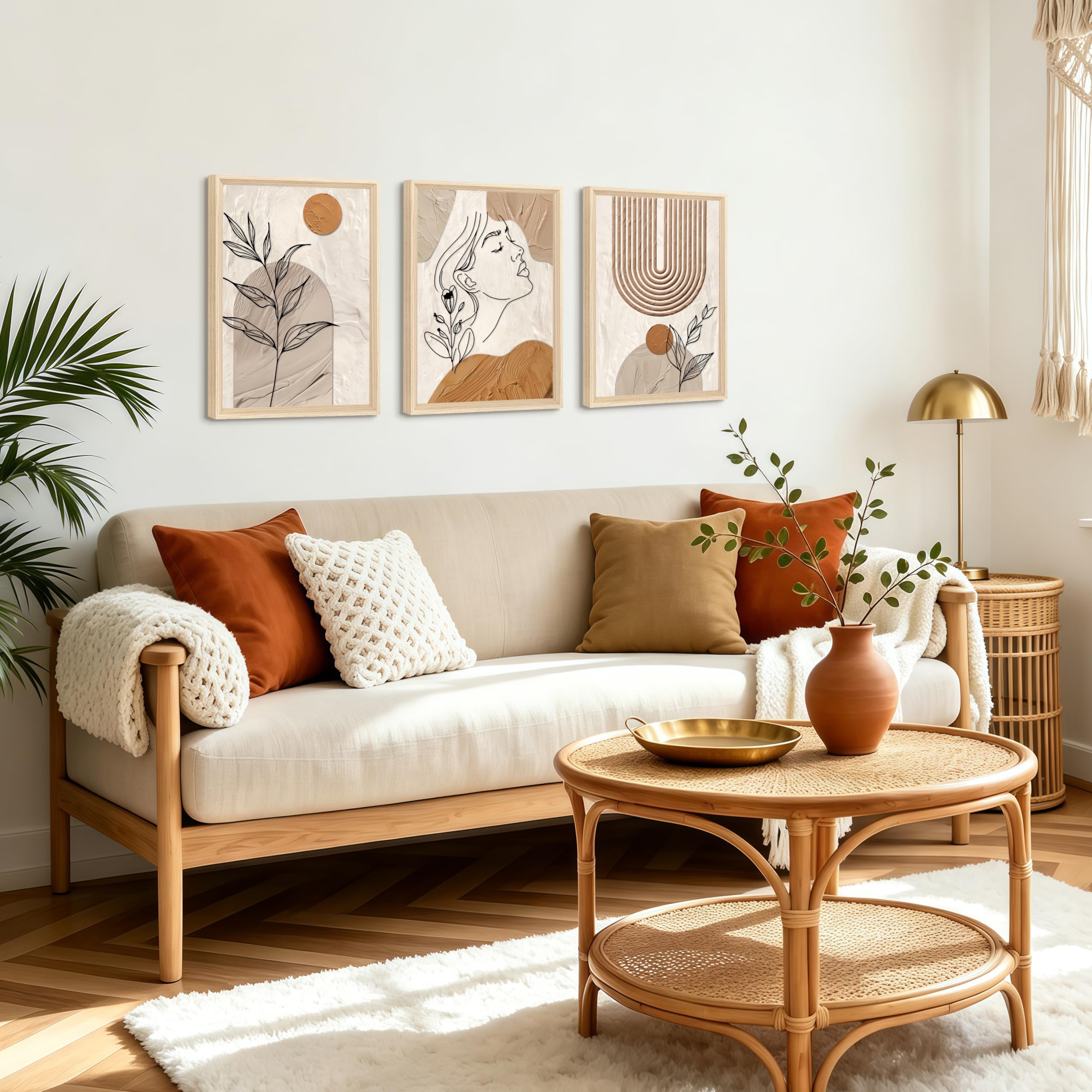 3 Pcs Wooden Framed Canvas Wall Art Set Bohemian Sage Green Canvas Prints Poster Geometric Line Beige Green Pictures for Living Room Bedroom Dinning Room Hallway Stairs Wall Decor 30x40cm x3pcs — view 516