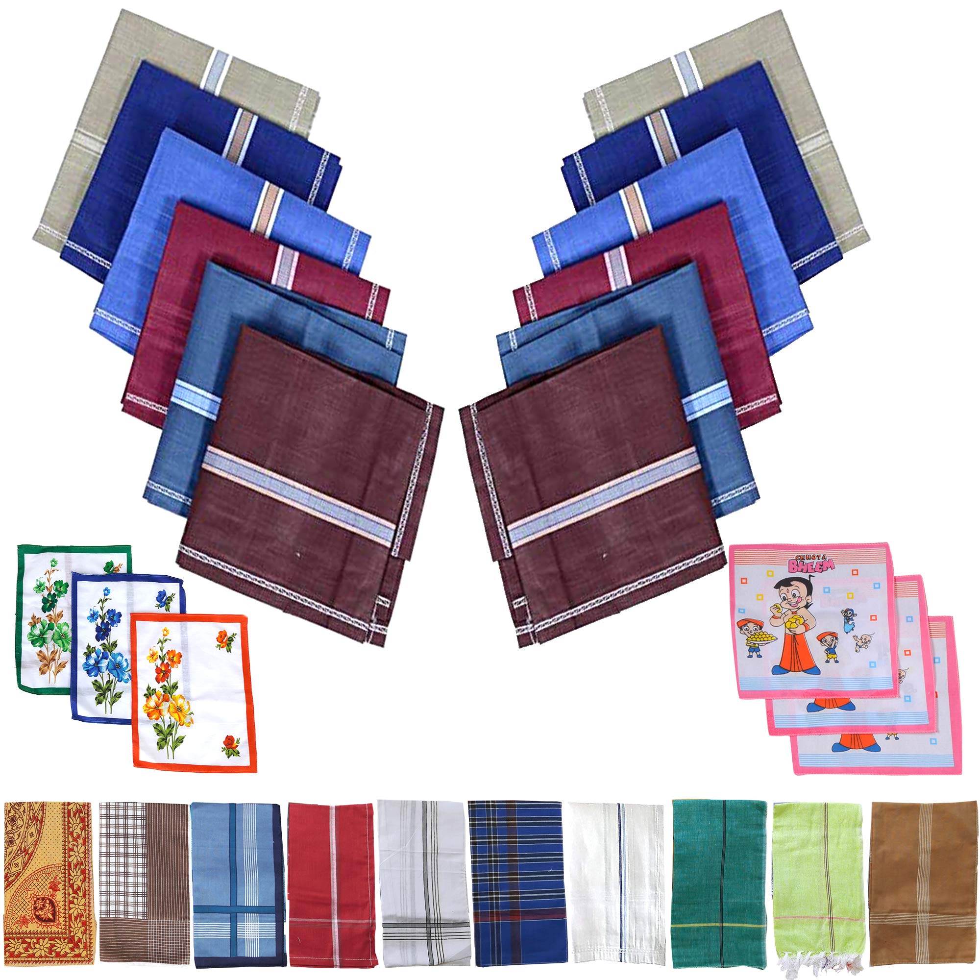 SAI PRASEEDA 100% Pure Soft Cotton Hand Kerchief_Hanky Multi Color Pack of 12 with Free 3 Ladies Kerchief_3 Kids Kerchief SP3-image-34