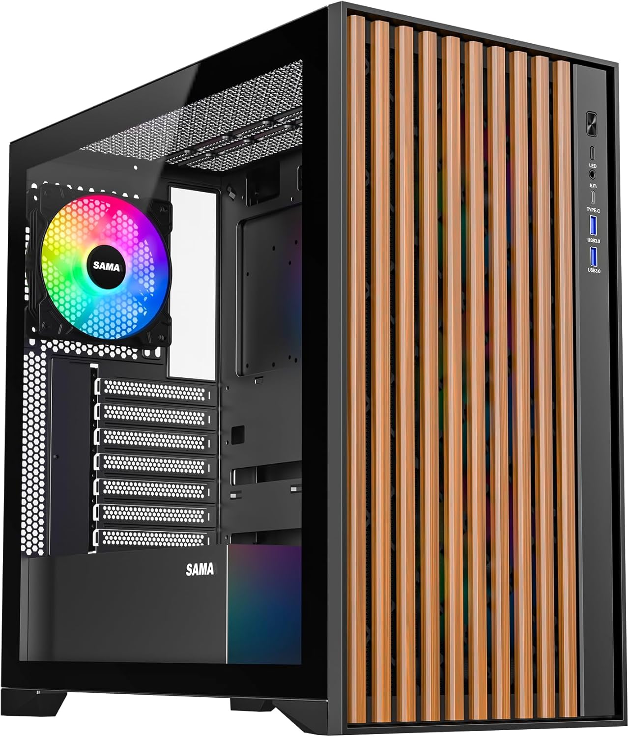SAMA ATX PC Case,Tempered Glass Mid Tower Case,Genuine Walnut Wood Front,4 x 120mm ARGB PWM Pre-Installed,Type C USB,PC Gaming Case,Black(V-Nature) SAMA ATX PC Case,Tempered Glass Mid Tower Case,Genuine Walnut Wood Front,4 x 120mm ARGB PWM Pre-Installed,Type C USB,PC Gaming Case,Black(V-Nature)