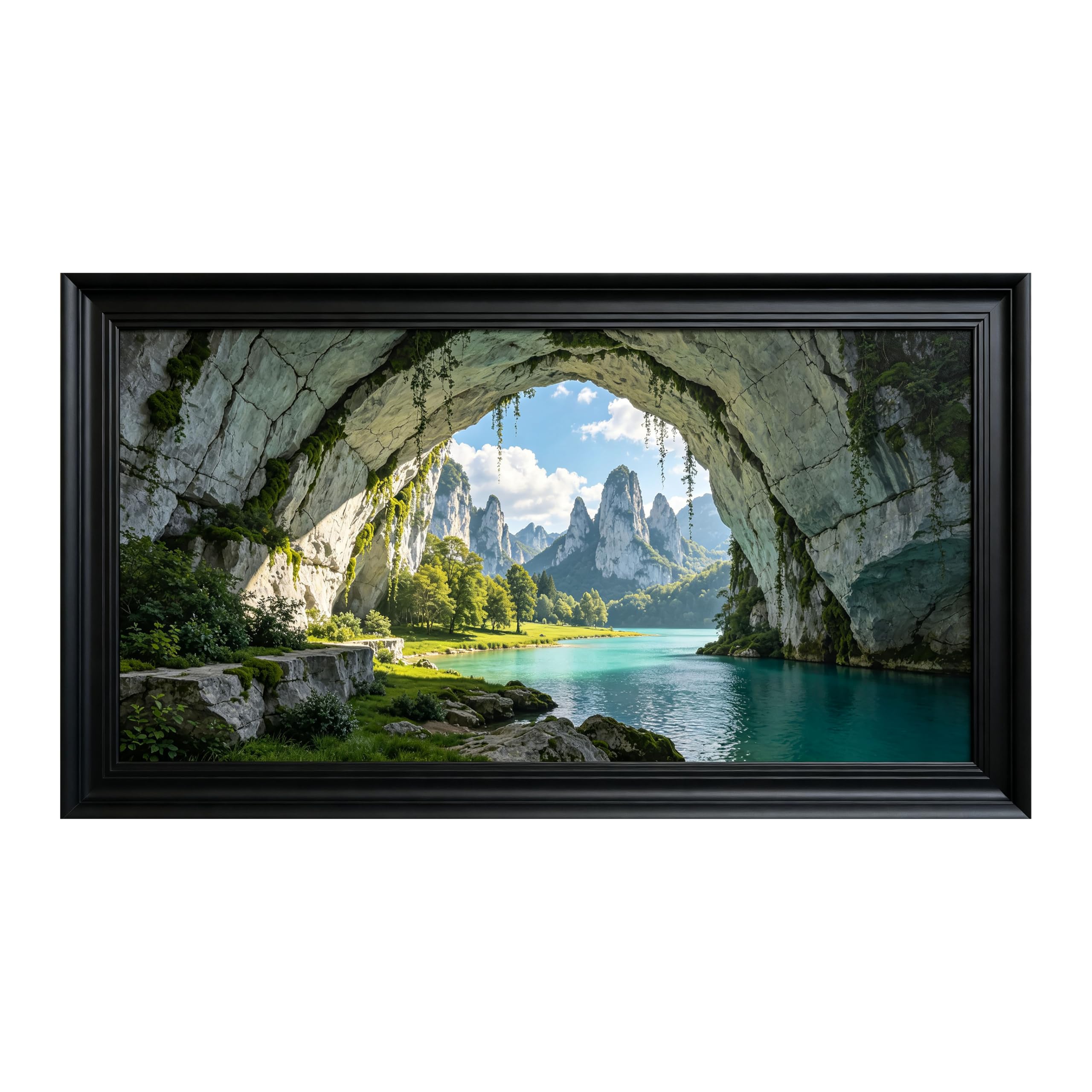Yzpallescene 3D Framed Wall Art Cave Lake Mountain Landscape Panoramic Nature Large Size SelfAdhesive Removable Wall Decor Prints Artwork for Living Room Bedroom Office