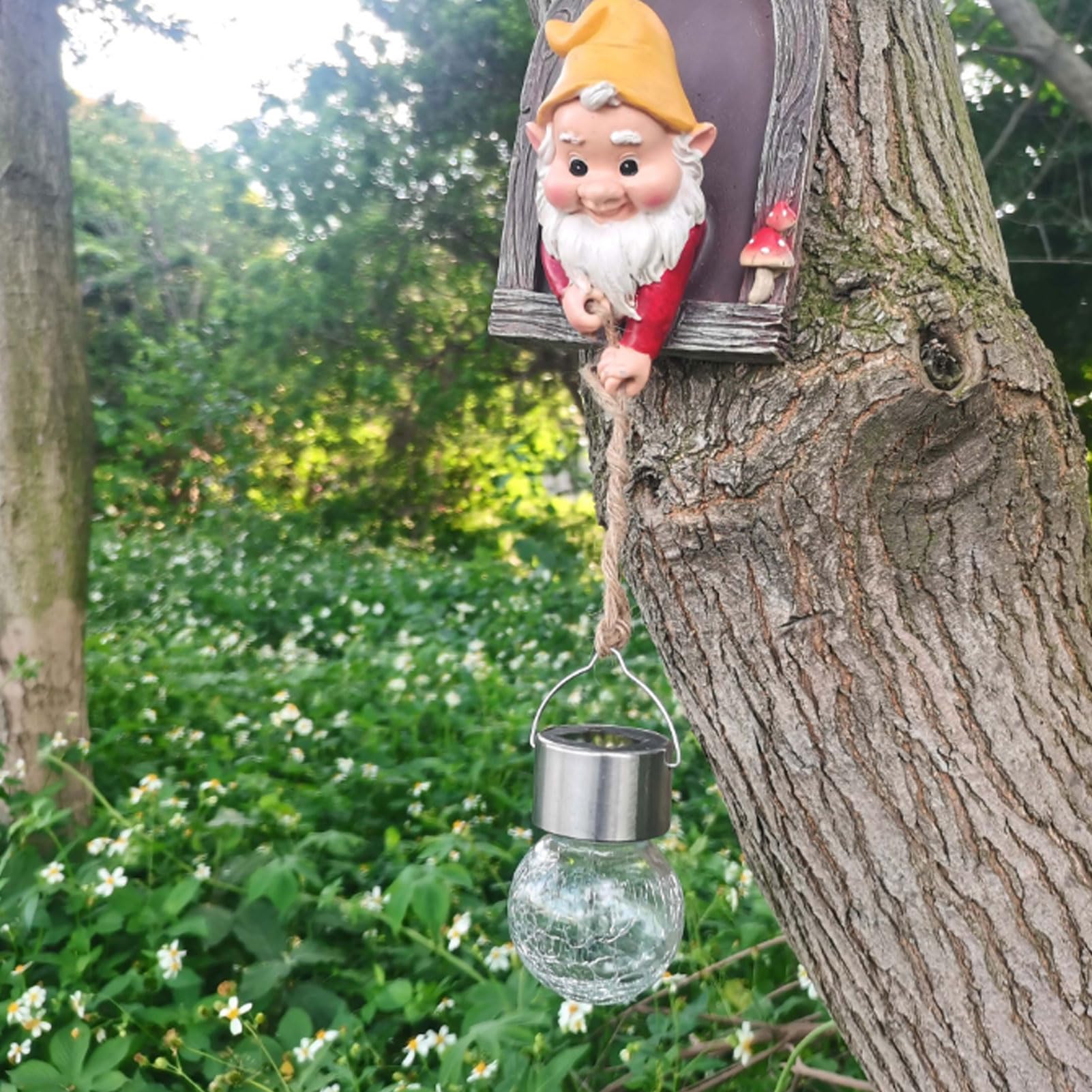 Statua di Gnomo da Giardino con Luce Solare, Decorazione per Figurine da Giardino Abbraccia Alberi, Statue da Giardino Gnomi Decorazioni da Giardino per Patio, Cortile, Ornamenti