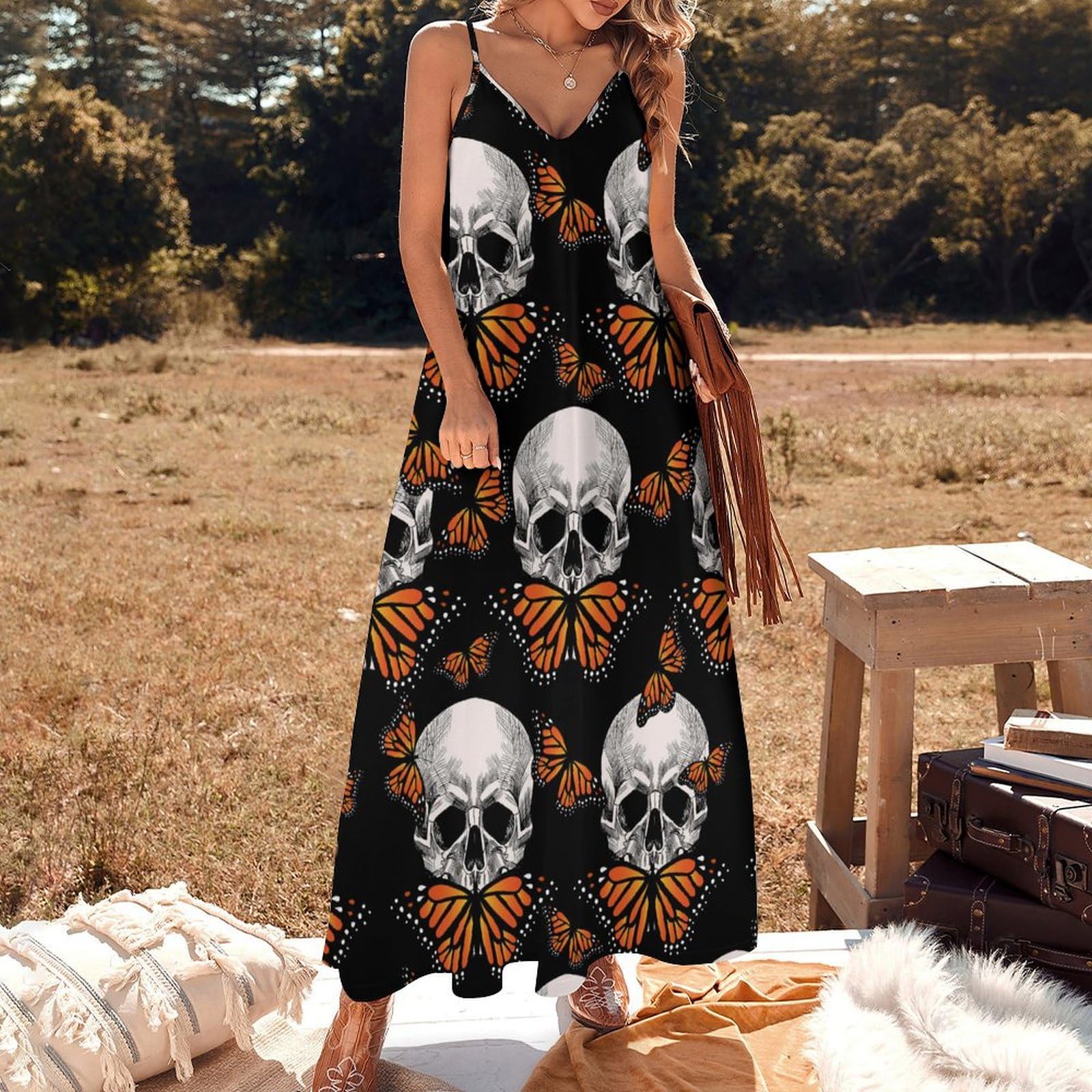 boho skull dress Sure Design Womens Boho Skull Tank Top Dress in Gold on Black