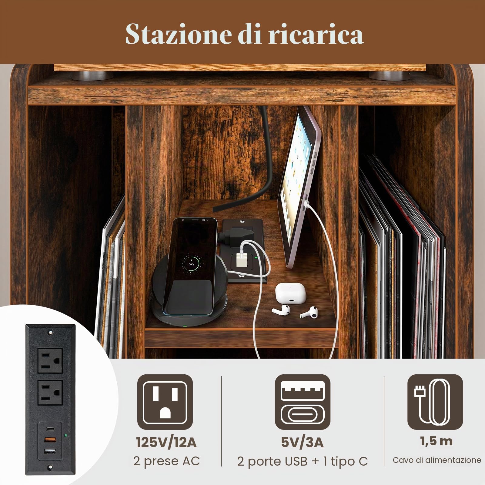 GIANTEX Tavolino da Letto Mobile Giradischi con Base di Ricarica, Comodino Camera da Lettocon Scomparti in Vinile, Comodino Smart per Soggiorno, Camera da Letto, Marrone, 43x34,5x67,5 cm