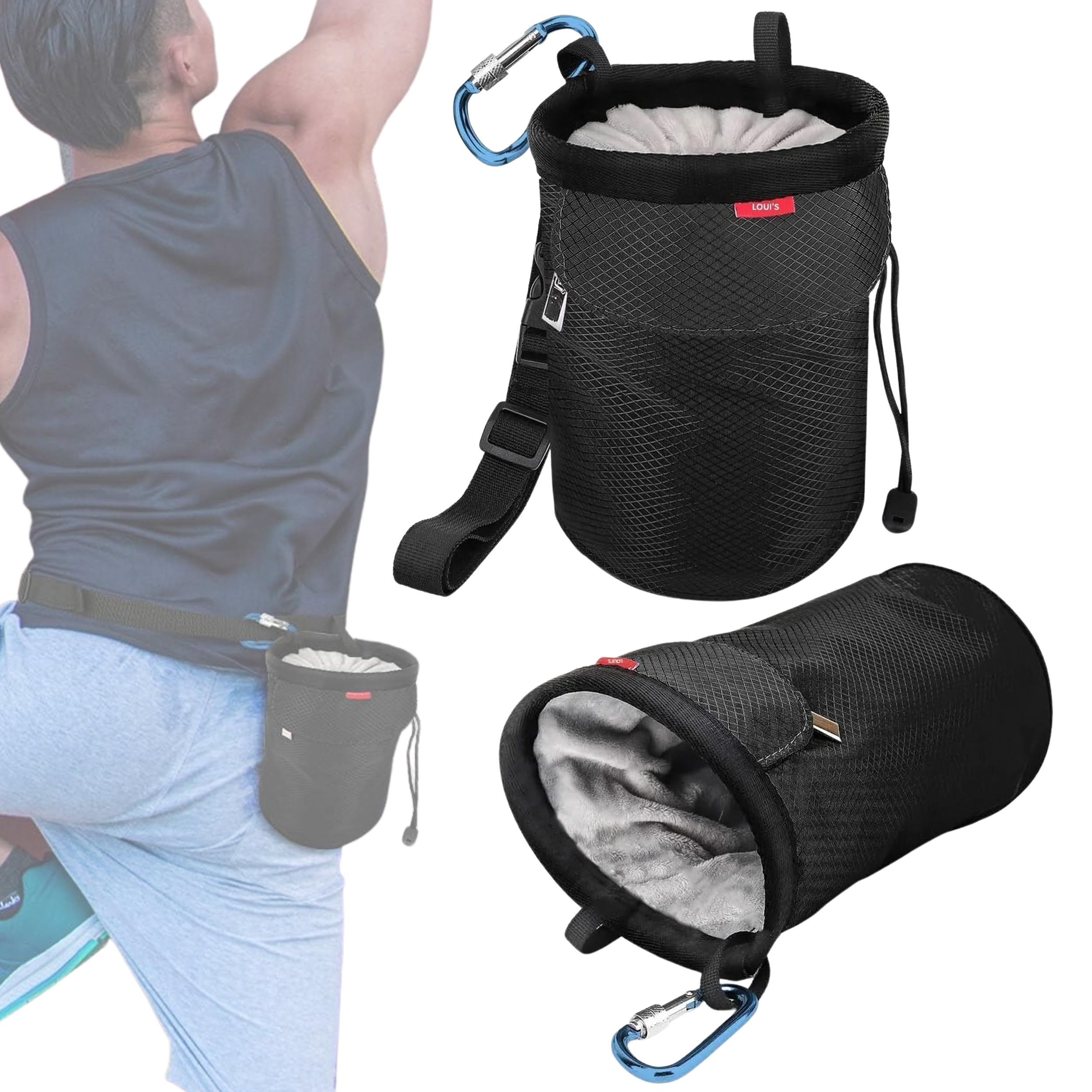 Loui'sChalk Bag for Rock Climbing, Bouldering, Gymnastics, Crossfit, Weightlifting - Wide Opening Drawstring, Adjustable Belt and Zippered Pockets - Equipment & Gear for Indoor and Outdoor Training