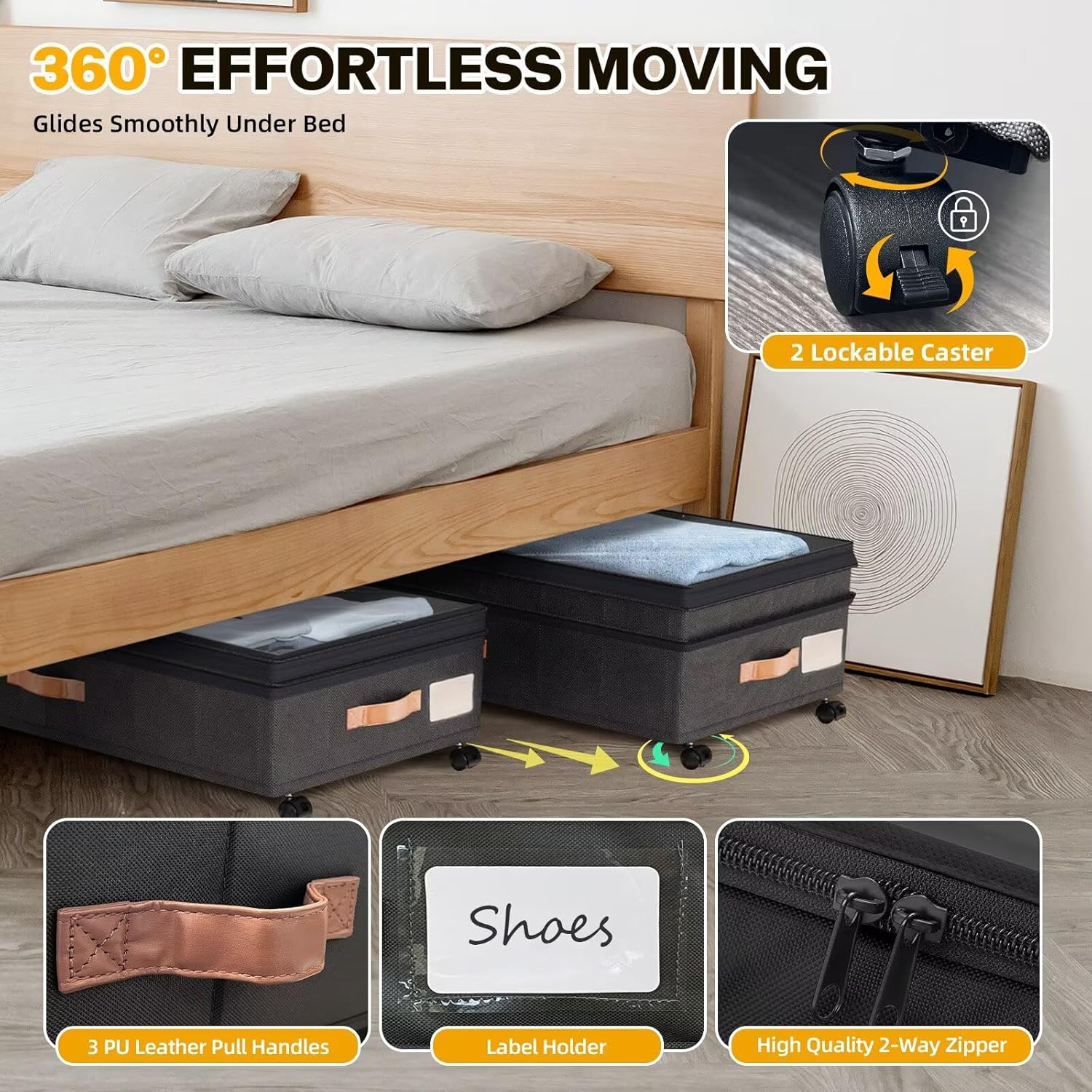 Under Bed Storage with Wheels, Large Rolling Storage Containers, 10'' Adjustable Underbed Organizer with Lids for Clothes Blankets Shoes, Black, 2Pcs