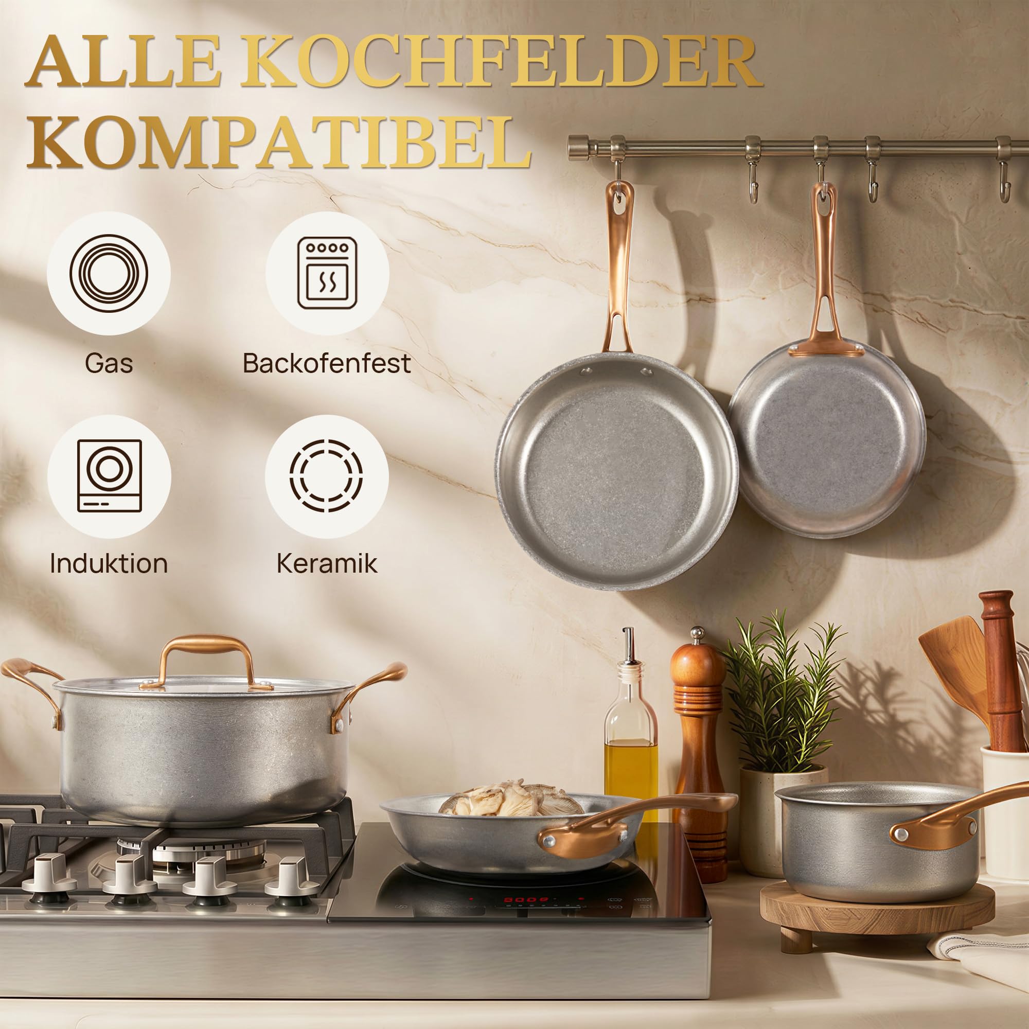 KOKHUB Edelstahl Pfannenset 7-teiliges, Retro Topfset Induktion mit Deckel | Kochtopf Set Unbeschichtete, Tri-Ply Edelstahlpfanne Set, Einfache Handhabung und Reinigung, Backofenfest