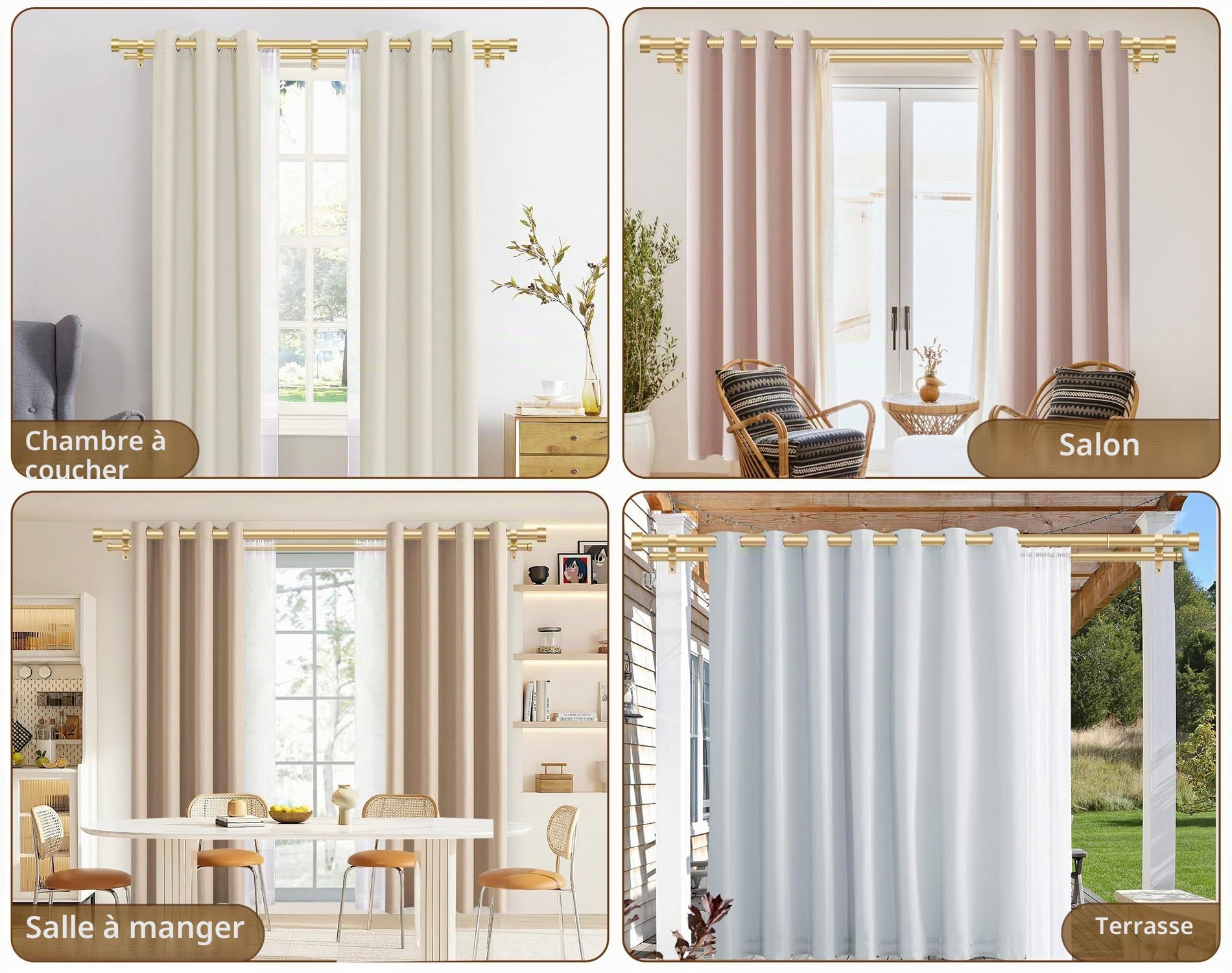 KAMANINA Double Tringle a Rideaux Doré, Tringle Rideau Extensible 190-355cm | Barre Rideau Extensible, Montage Mural, Métal, 25 mm Diamètre, Charge 15 KG, avec Embouts, pour Exterieur, Chambre, Salon