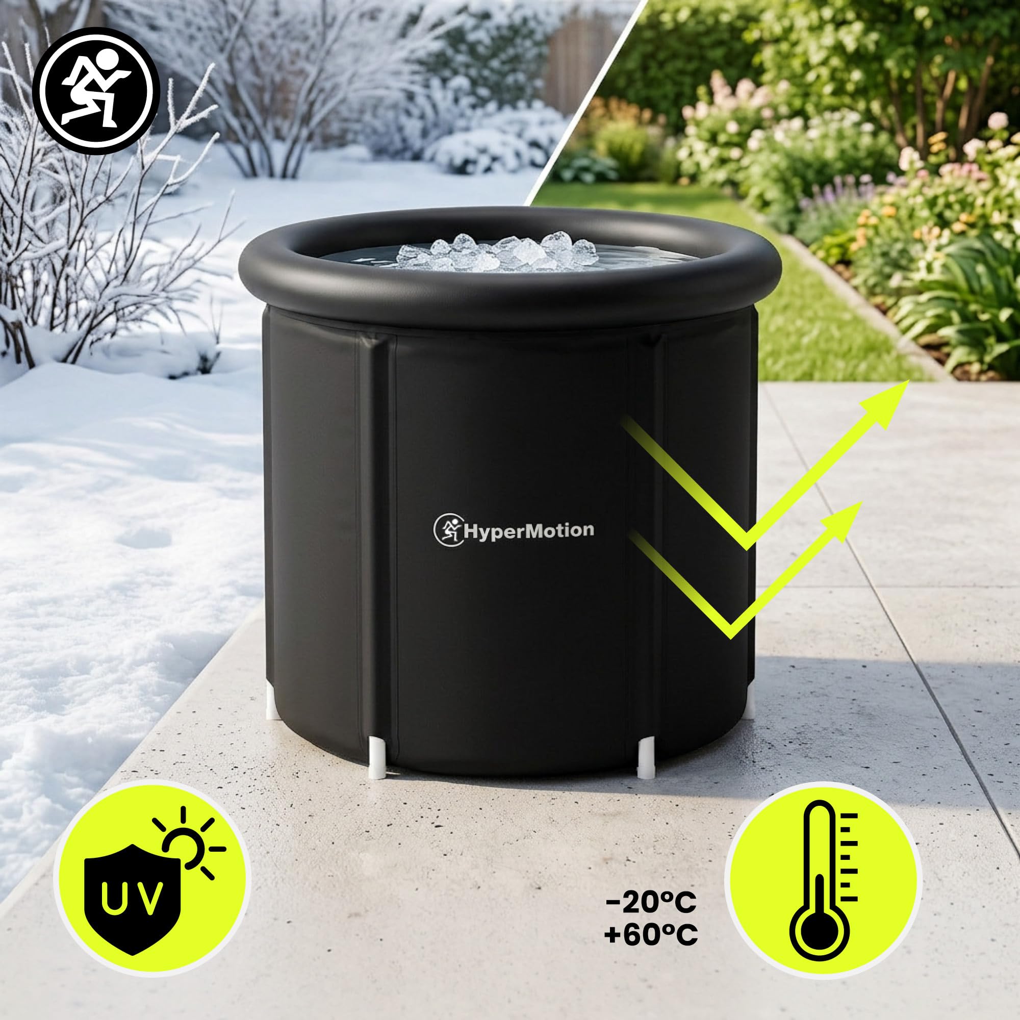 HyperMotion Bañera Morsada 330 L Plegable Cold Plunge Negra | Cuchara de hielo portátil con tapa aislante térmica, bomba, bolsa de transporte, desagüe y cojín de asiento