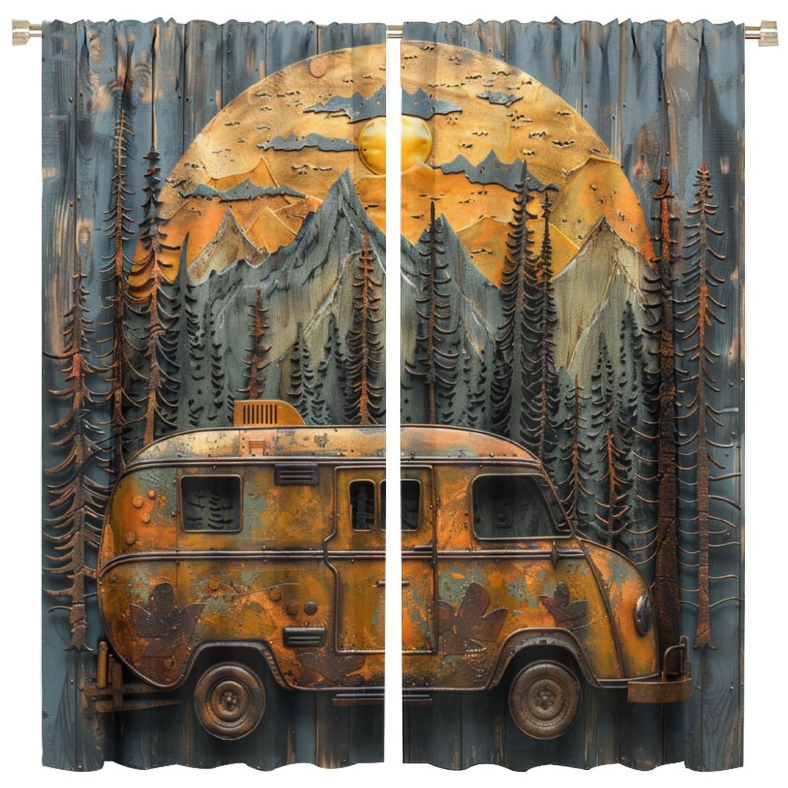 TOWINSFB Wood Textured Camper Blackout Curtains, Retro Farmhouse Forest Sunset Home Decor Rod Pocket Window Drapes for Living Room Bedroom- 2 Panels