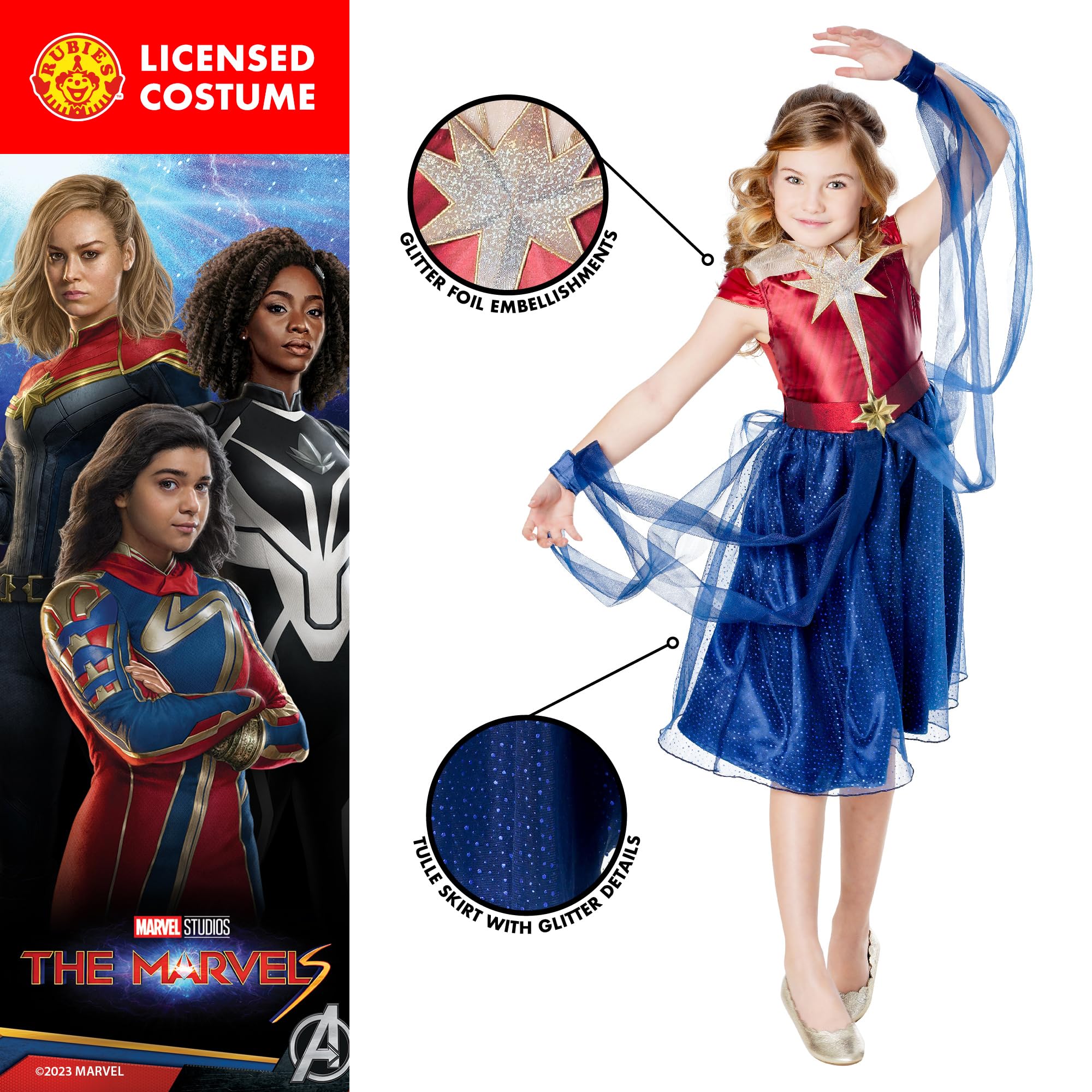 Rubies Disfraz Capitana Marvel Dress Deluxe para niñas, Vestido con cinturón, The Marvels Licencia Oficial para Carnaval, cumpleñaos y fiestas