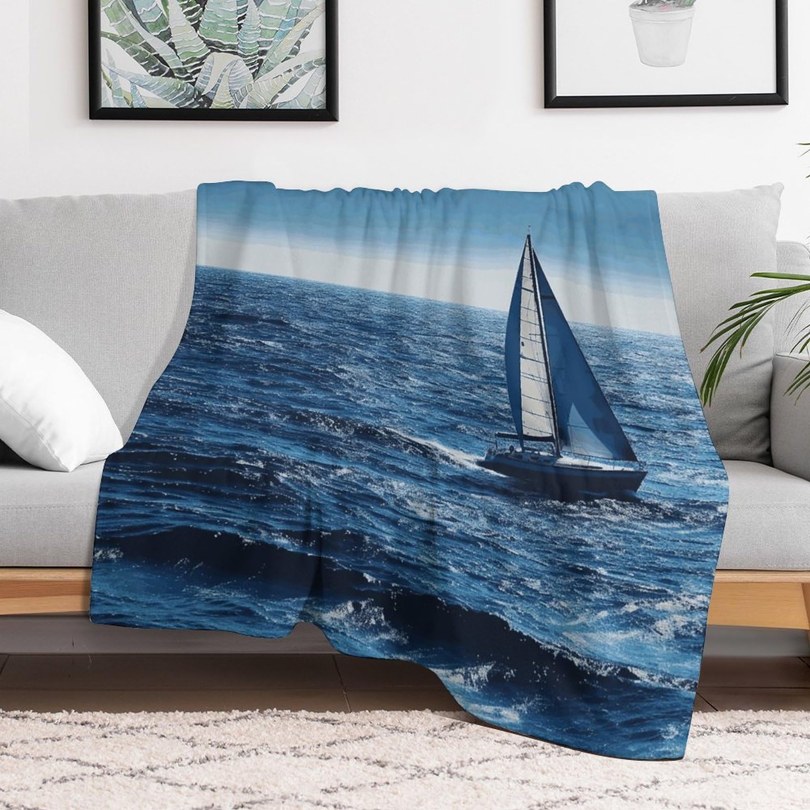Couverture polaire douce jeté de canapé lit flanelle plaid bleu voilier 152x203cm