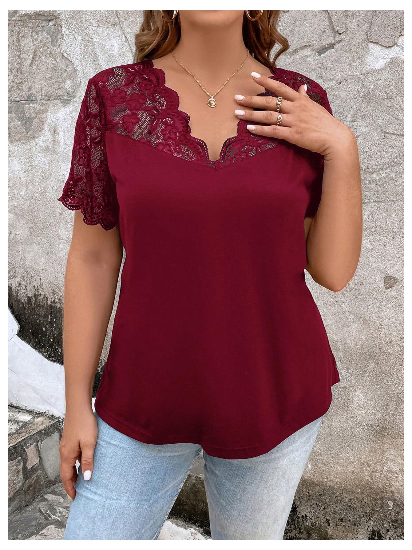 OYOANGLE Women's Plus Size Summer Lace Scallop V Neck Short Sleeve Blouse Shirt Tops