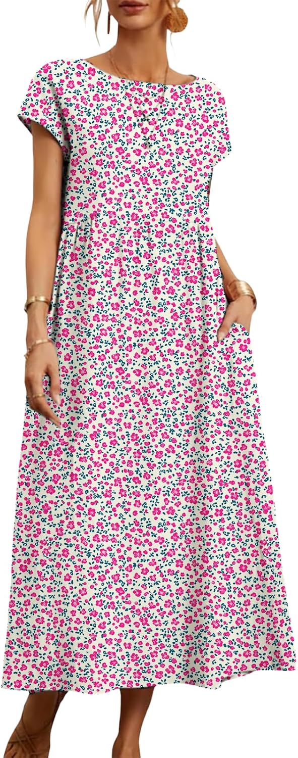 Floral Tshirt Dress for Women Ruffle Boho Dress Short Sleeve Crew Neck Maxi Dresses Loose Summer Dresses with Pockets