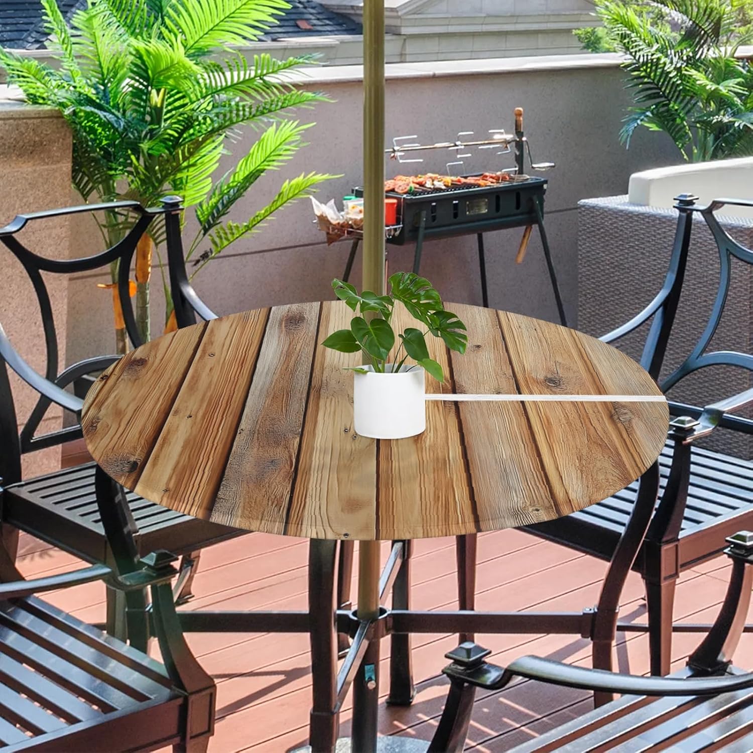 Round Fitted Tablecloth with Umbrella Hole Zipper - Wood Texture Outdoor Table Cover with Elastic Edge - Waterproof Wipeable Table Cloth for Patio Picnic Party - 45"- 56"