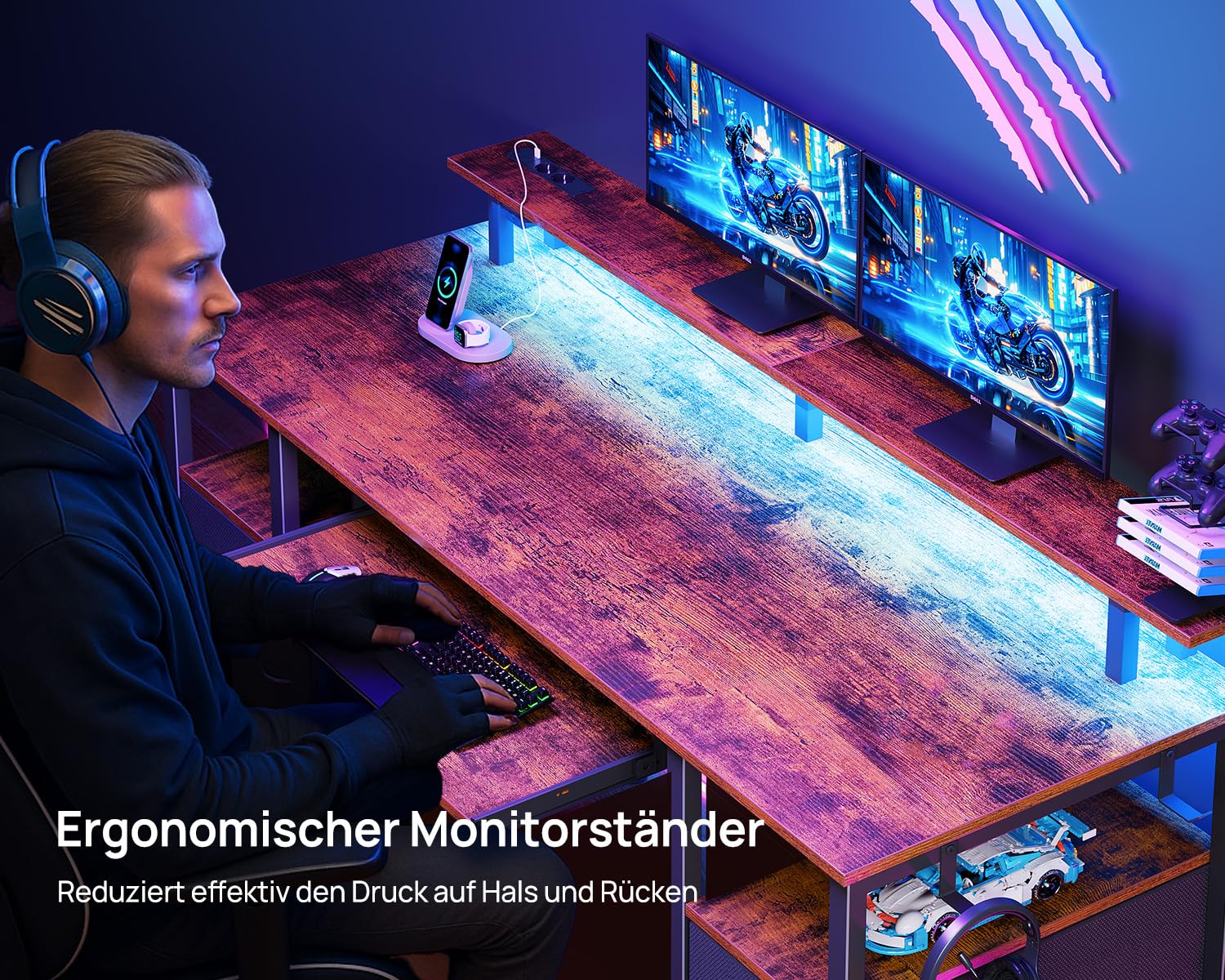 Seventable Computertisch 120 cm mit LED-Leuchten und Steckdosen, Home-Office-Schreibtisch mit 4 Schubladen, Schreibtisch mit Tastaturablage, Arbeitsschreibtisch mit Monitorständer (Vintagebraun)