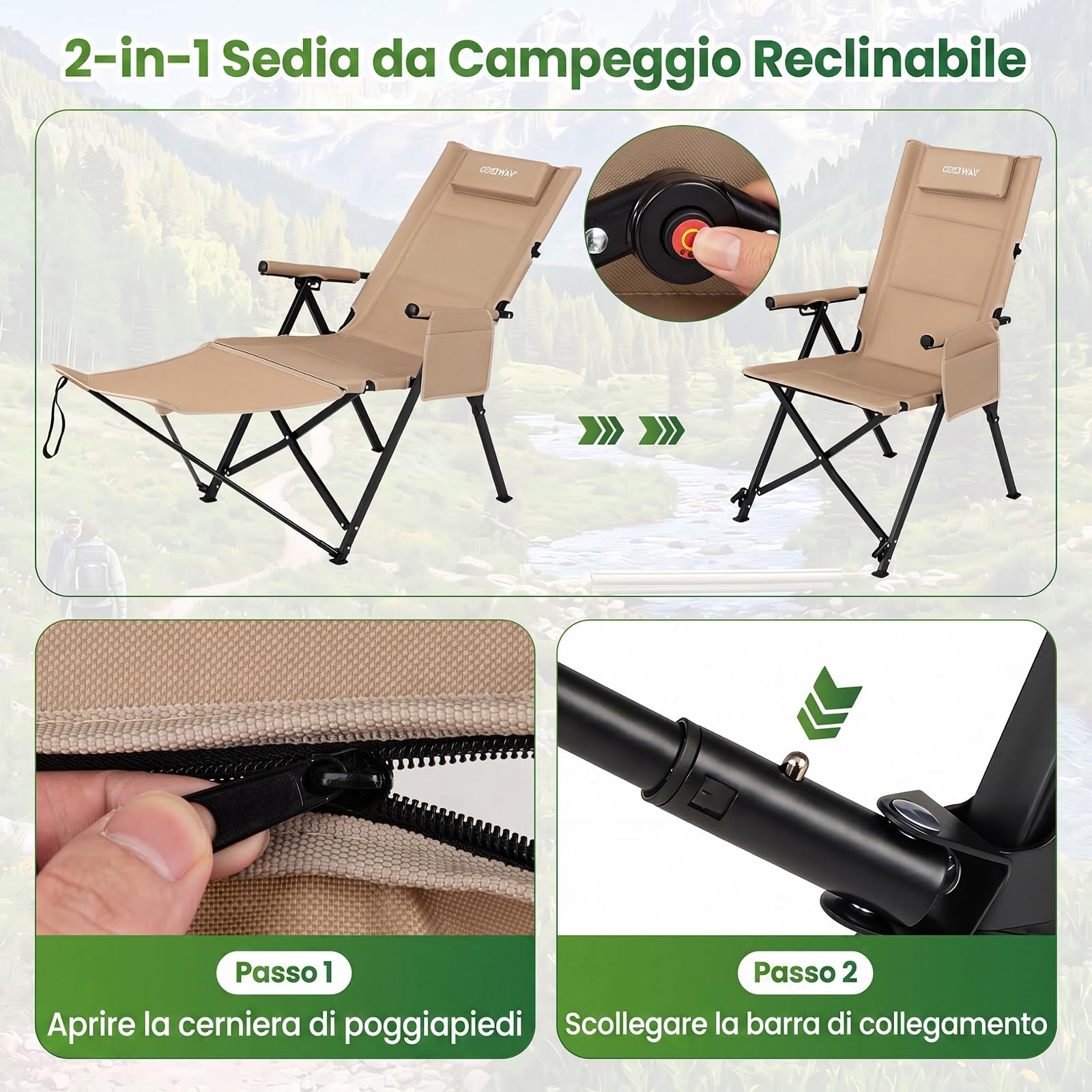 COSTWAY Sedia da Campeggio Pieghevole, Sedia a Sdraio con Poggiapiedi, Schienale Regolabile, Poggiatesta e Tasca Laterale, Portata 150 kg, Sdraio da Esrerno per Giardino e Spiaggia (Kaki)