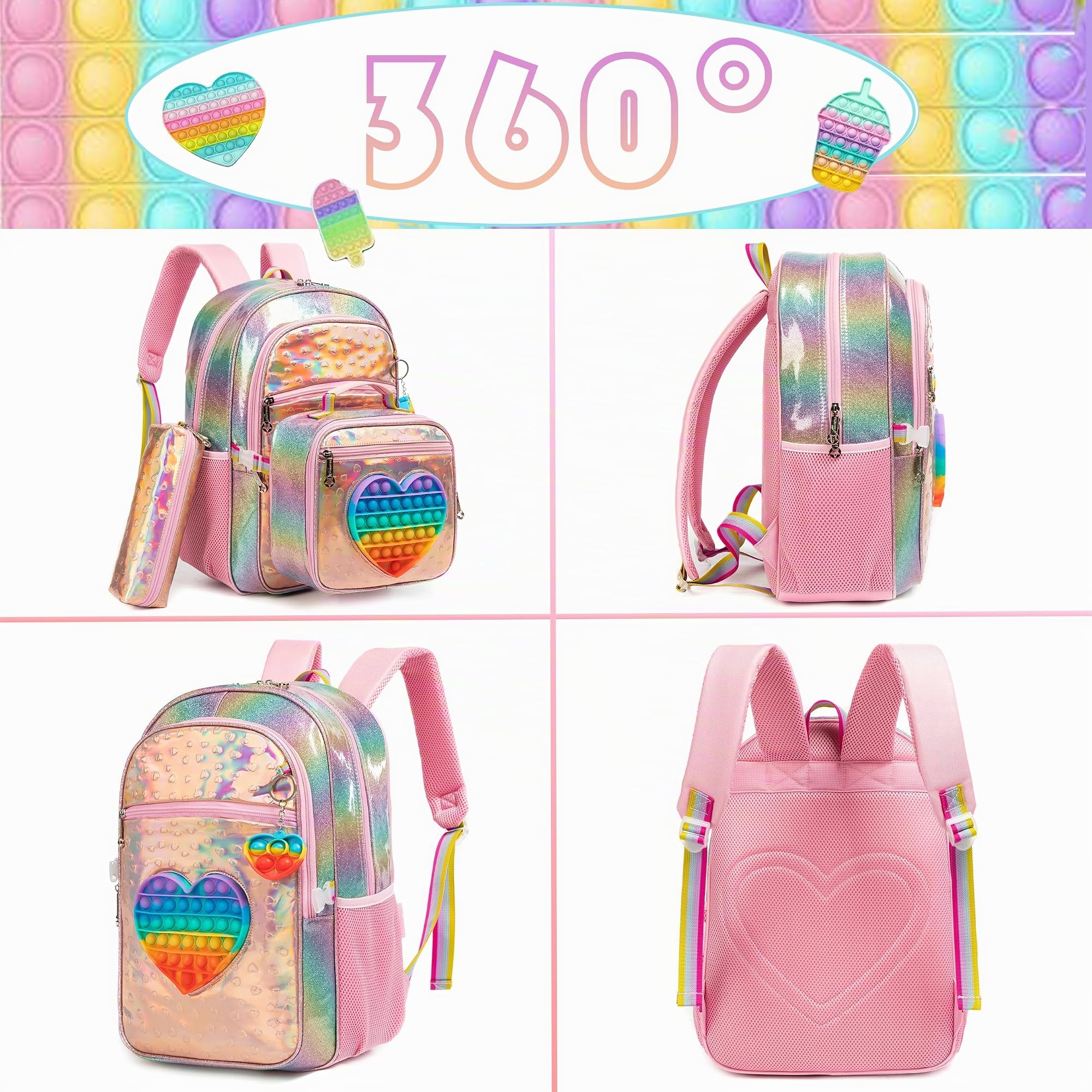 HTgroce Cartable Fille Primaire Cartable Licorne Sac à Dos Filles Enfants Elementaire Sacs Scolaires de 3 Pieces avec Sacs à Lunch et Trousse pour CP