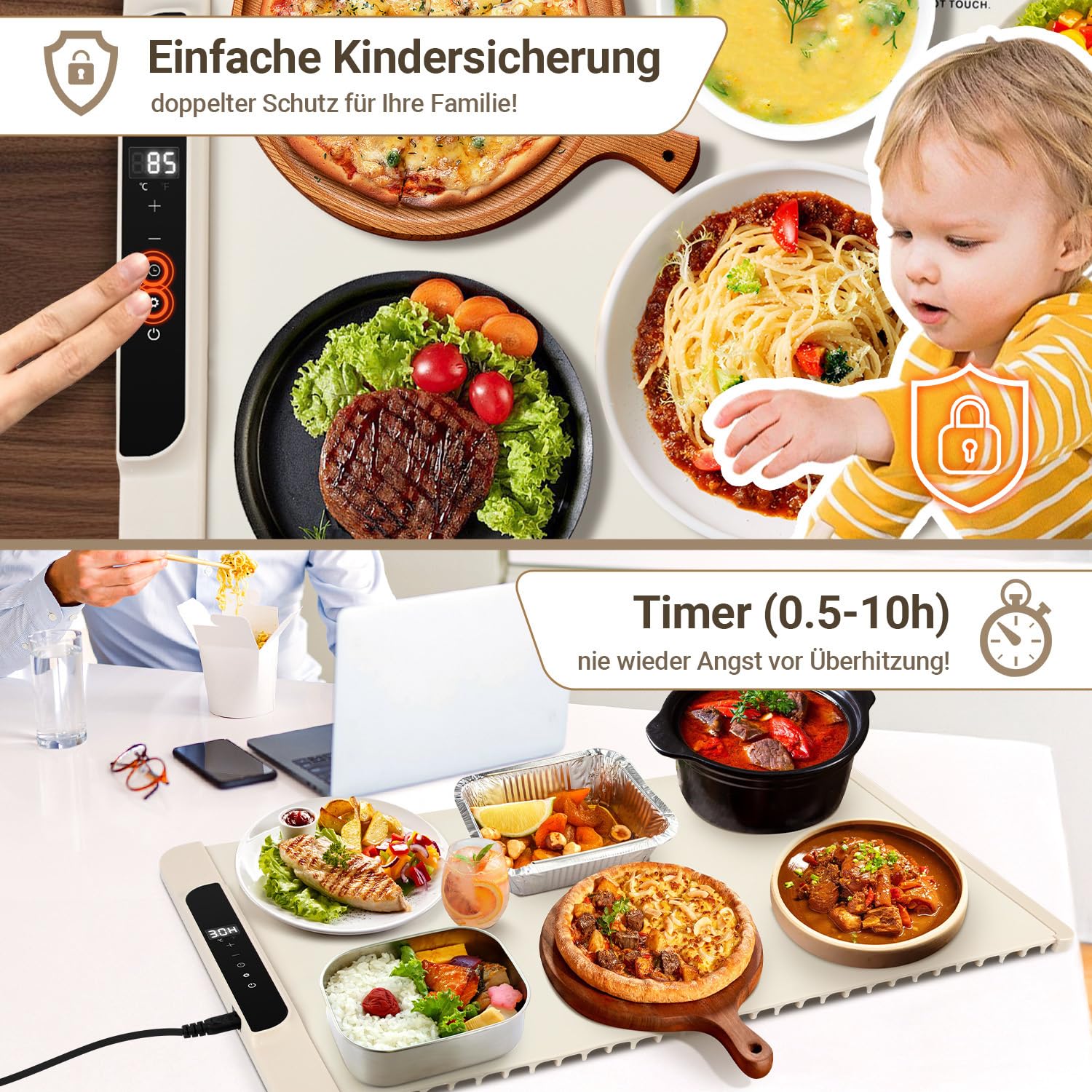 Warmhalteplatte Elektrisch, 240W Faltbare Speisenwärmer mit einstellbare Temperaturkontrolle,Timer, Nano-Silikon & Kindersicherung, für Warm Halten oder Auftauen,Beige