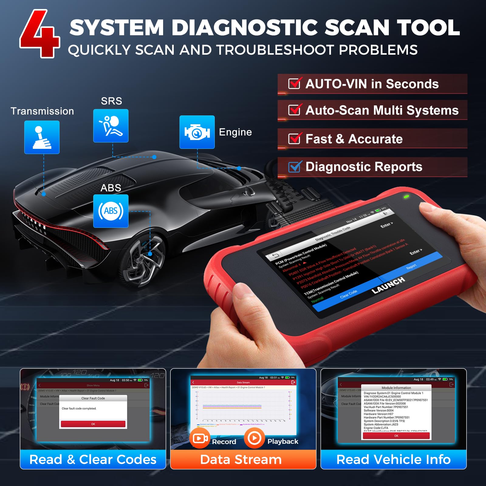 LAUNCH CRP123E V3.0 OBD2 Diagnosi Auto Italiano con 4 Sistemi ABS SRS Motore Trasmissione, 7 Reset EPB Dpf ABS BMS Olio SAS Acceleratore, Diagnostica Auto Professionale CANFD DOIP Aggiornamenti WiFi