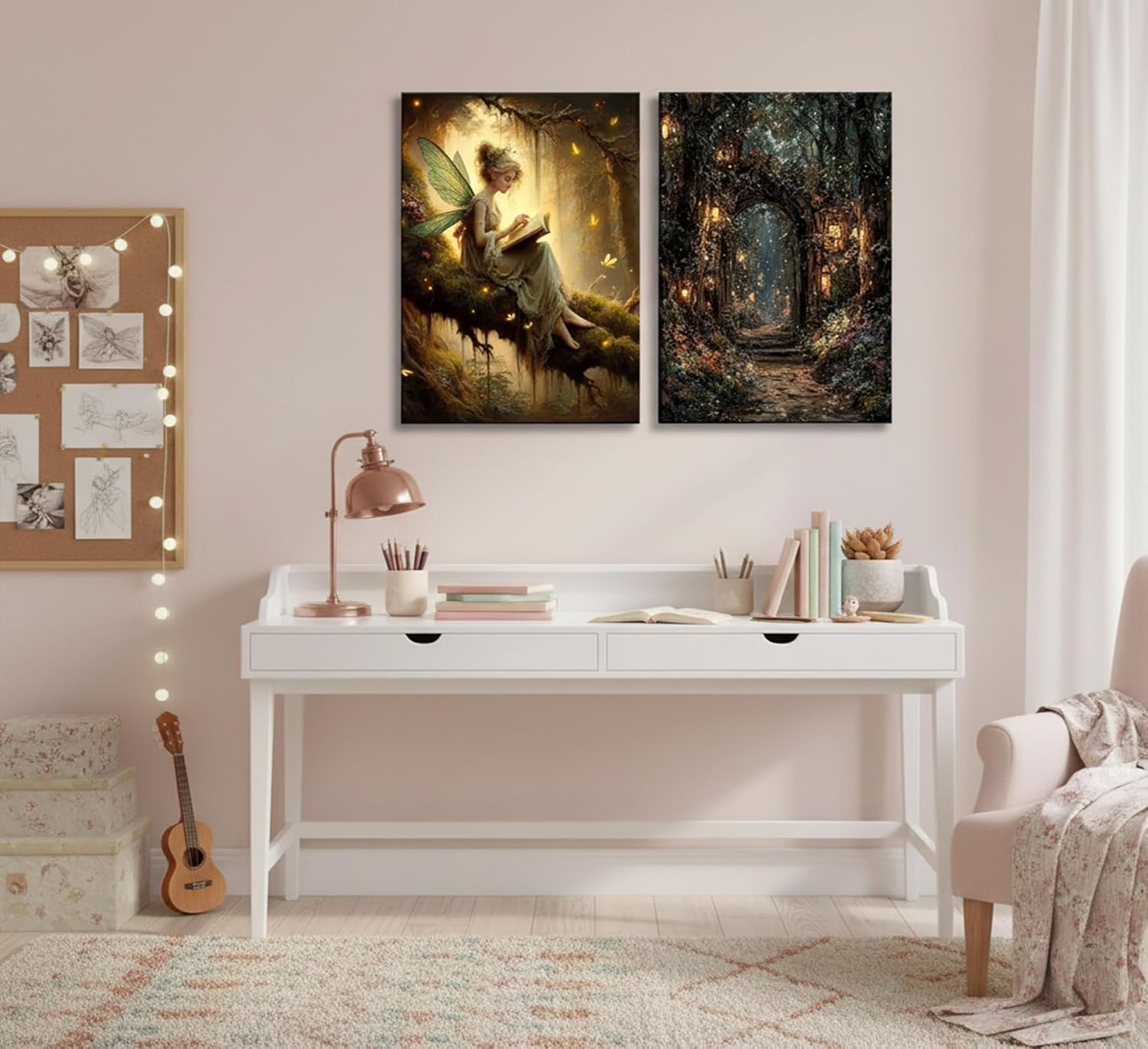 2Pcs Vintage Forest Fairy Canvas Wall Art Sitting On Branch Reading A Book Enchanted Fairy Portal Forest Pictures Wall Decor Posters Prints Girly Aesthetic for College Apartment Bedroom