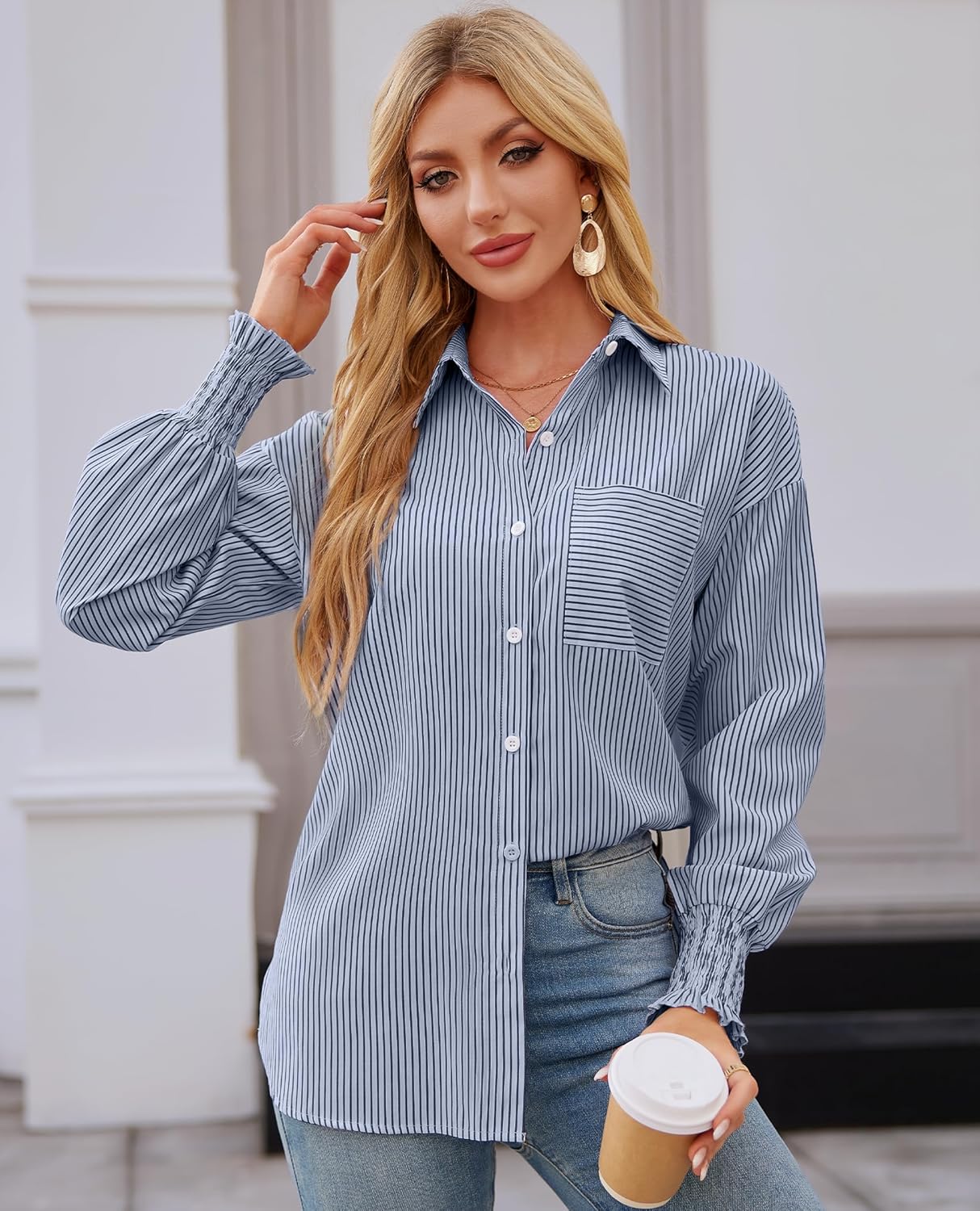Womens Oversized Button Down Shirts Striped Smocked Cuff Long Sleeve Fall Blouses with Pocket Casual Collar Work Tops - Image 2
