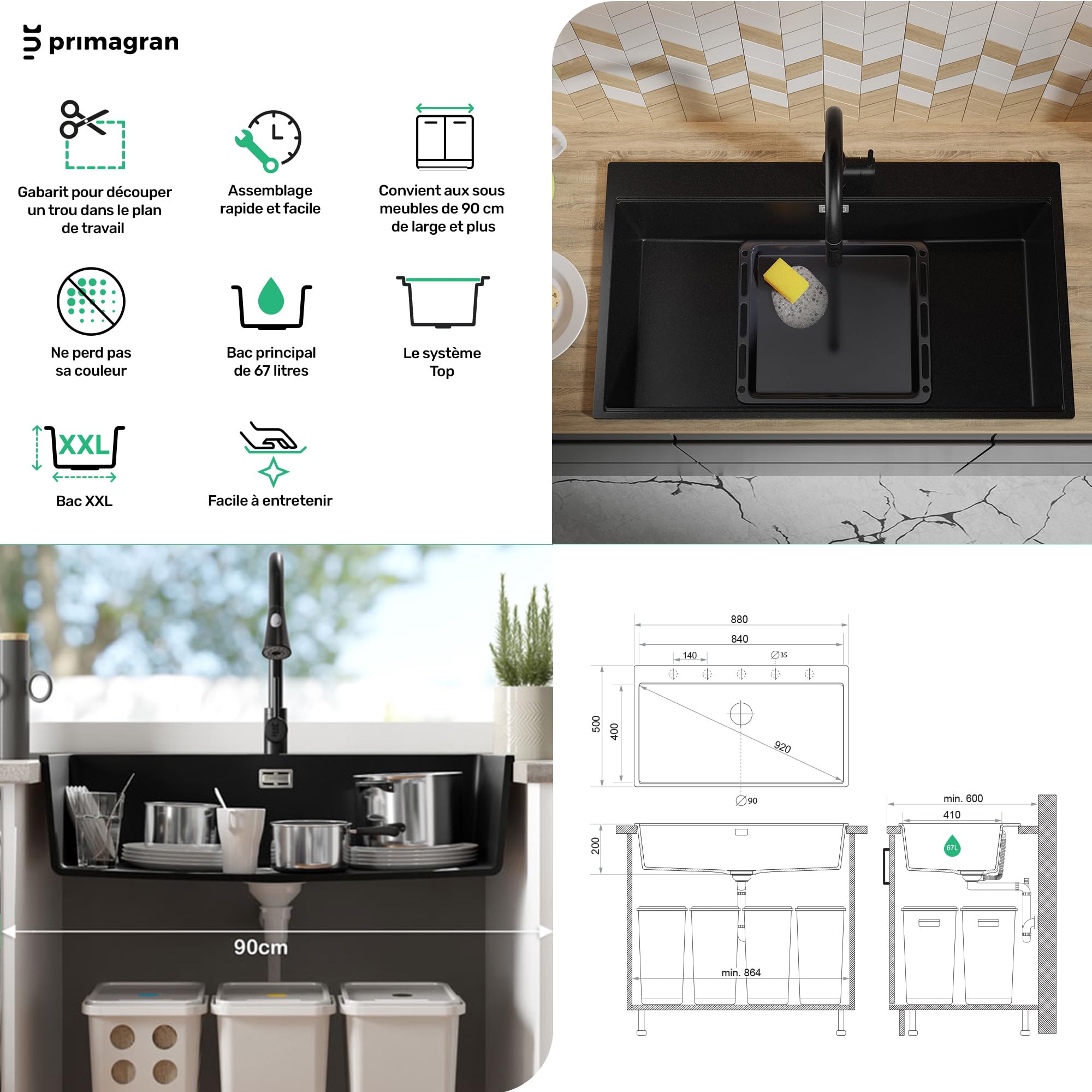 PRIMAGRAN Evier Cuisine en Granit au Meuble 90cm + Kit de Vidage, 88x50cm
