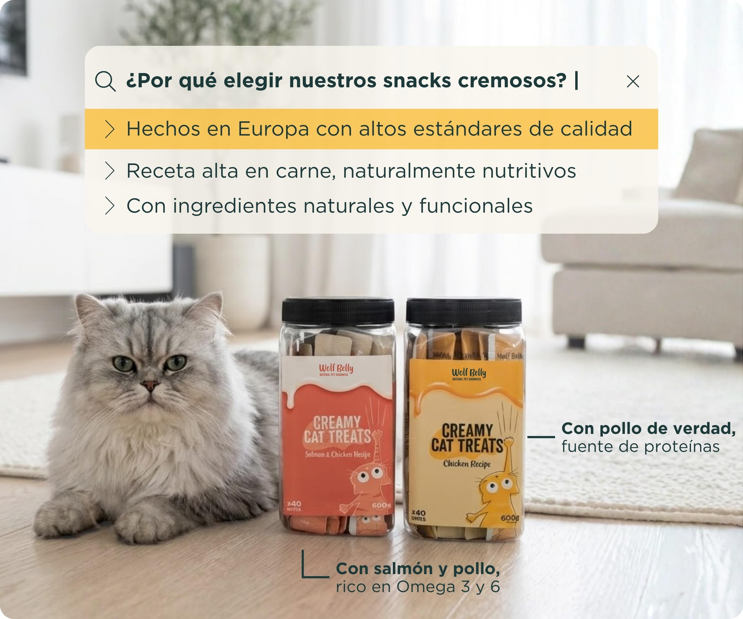 Wolf Belly - Snacks Gatos de Pollo (40 uds x 15g) Textura Cremosa | Chuches Saludables y Deliciosas | Naturales y Altos en Proteínas | Sin Cereales ni Colorantes Artificiales - Hecho en España