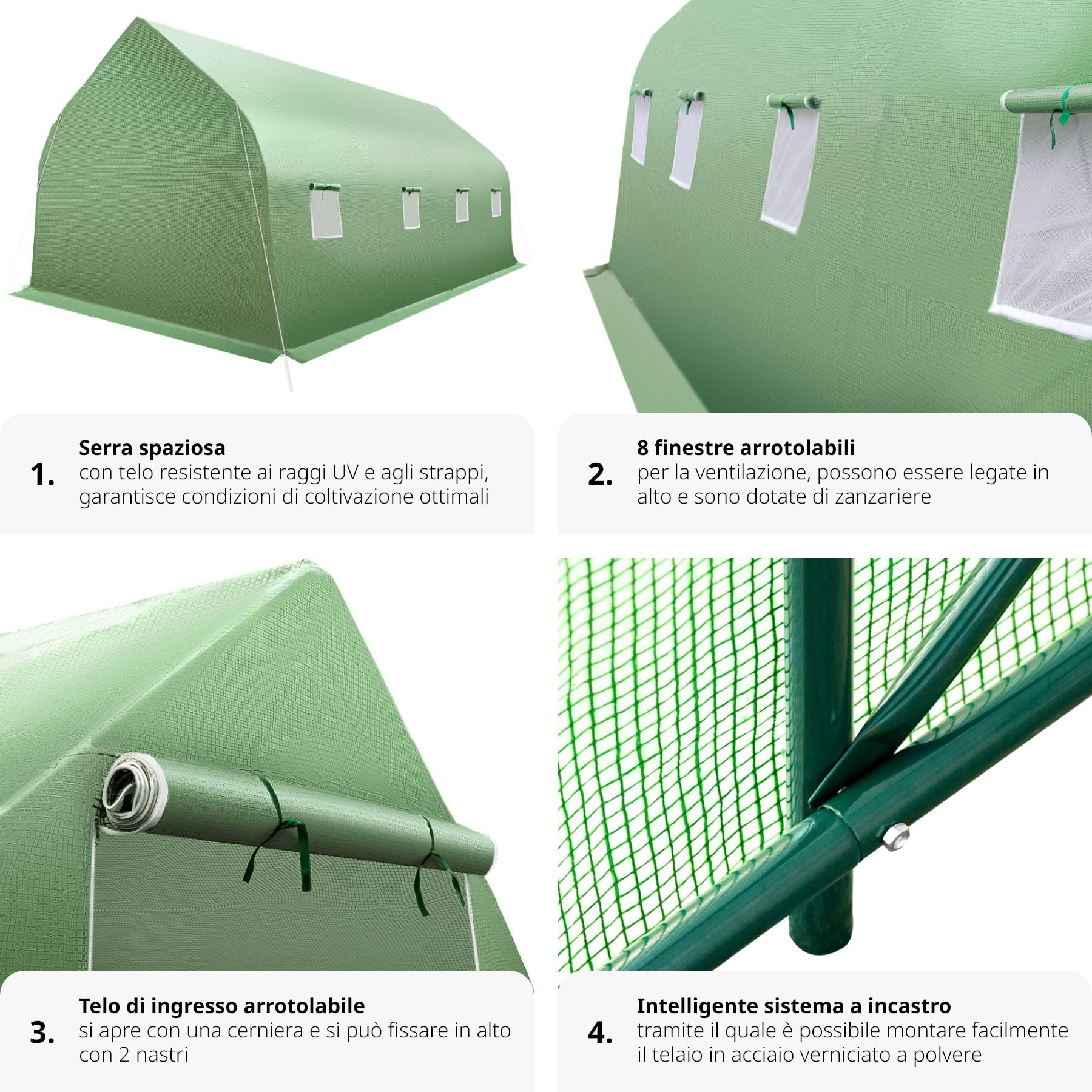 tectake® Serra da Giardino in Acciaio e PVC, 600x300x205cm, 18 m² di Superficie Utile, 8 Finestre Laterali con Zanzariera, Serra Ideale per Verdure, Erbe, Frutta, Fiori, Resistente al Freddo e al Gelo