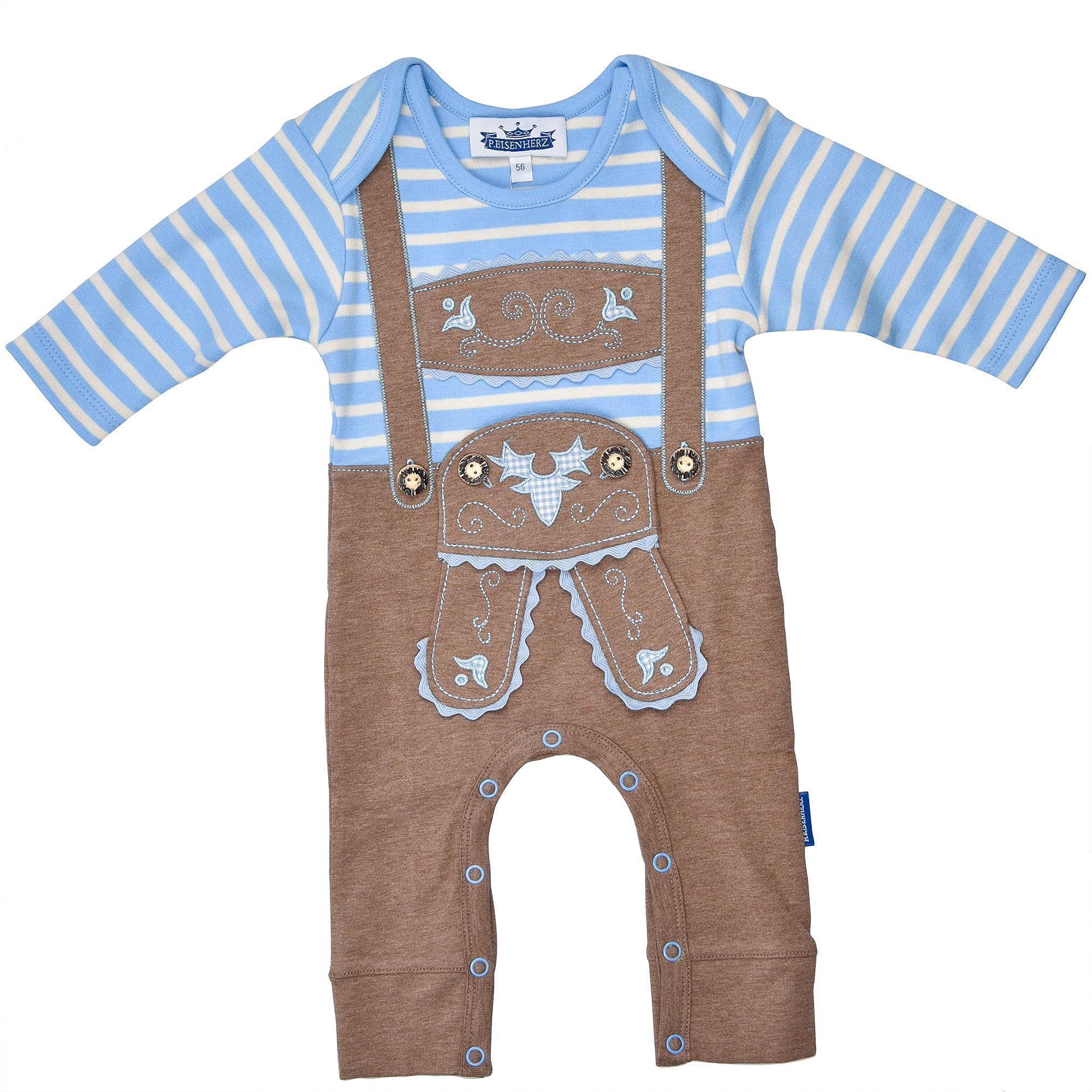 P.Eisenherz Baby Strampler Langarm Lederhose mit Hosenträgerapplikation in verschiedenen Größen - fescher Trachtenlook