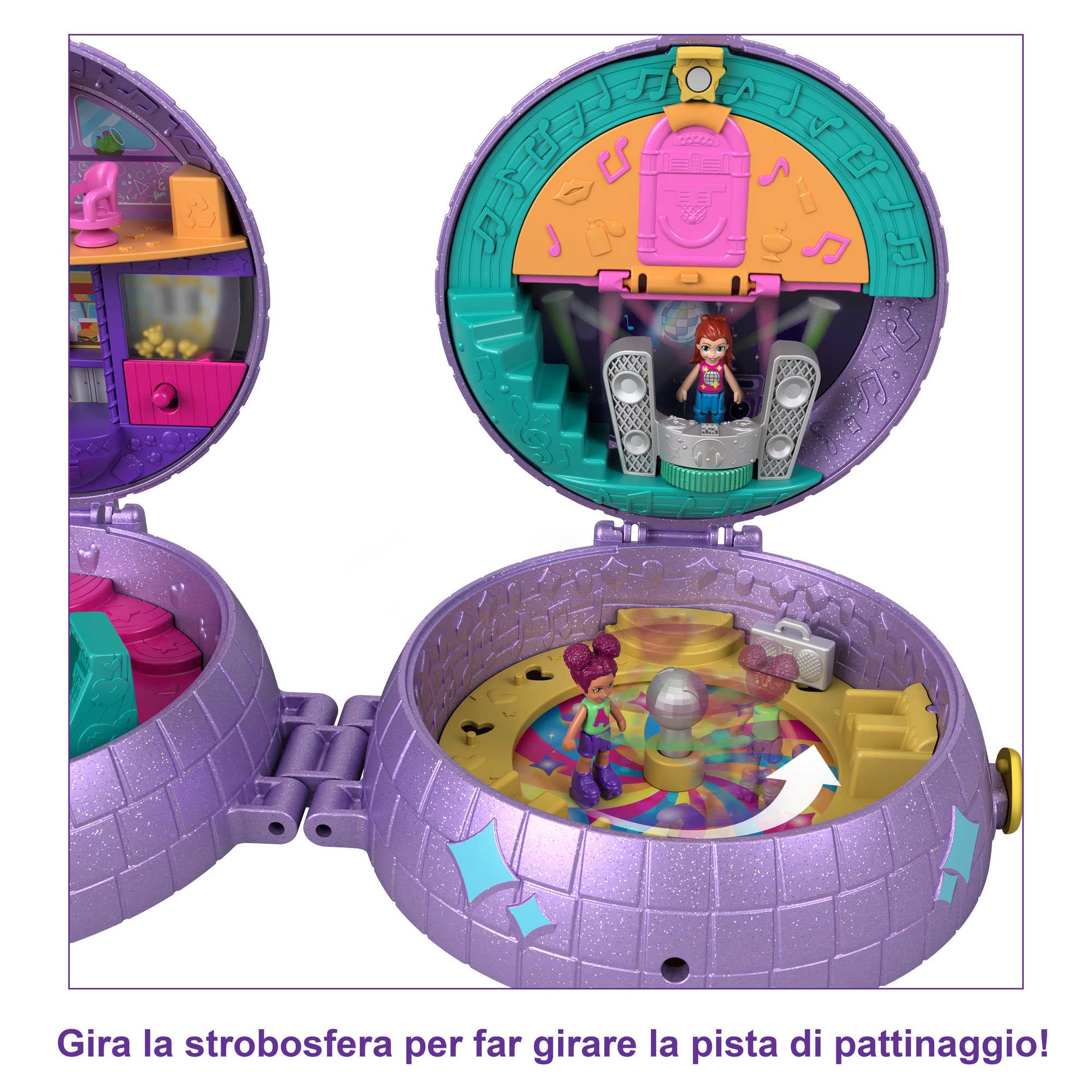 Polly Pocket Double Play - Cofanetto Pattinaggio - Set 2 in 1 Pattinaggio in Discoteca - 2 Bambole - 15 Accessori - Regalo per Bambini 4+ Anni, HCG24