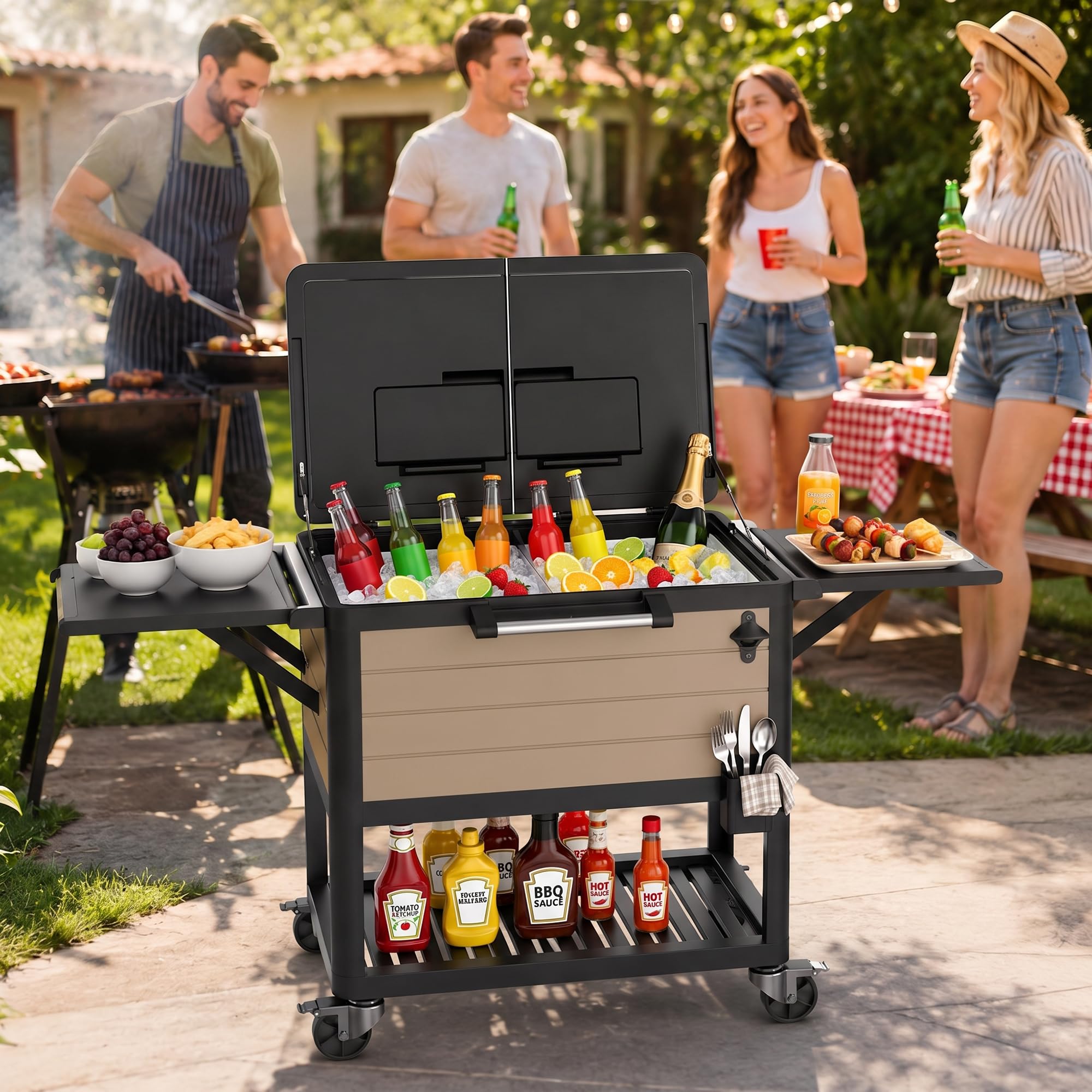 104 QT Patio Cooler Cart with Wheels, Outdoor Rolling Ice Chest Cooler for Patio, Pool, Deck &amp; Backyard, Portable Beverage Bar Cart with Double Lid, Foldable Side Tables, Bottle Opener &amp; Storage Shelf