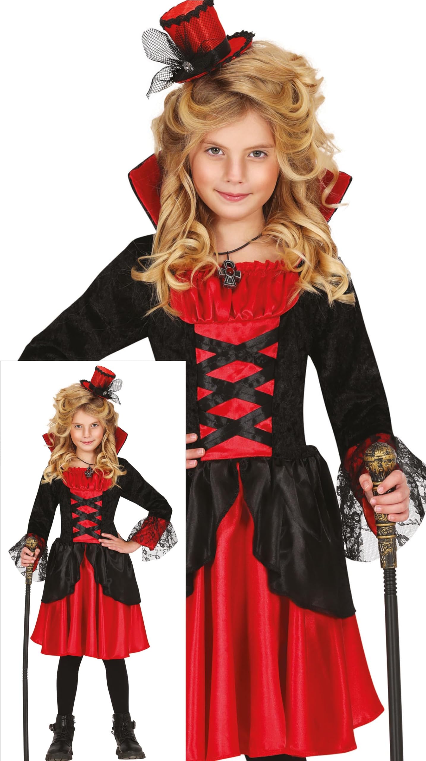 FIESTAS GUIRCA Stylish Vampire Girls Fancy Dress Costume - Elegant Red & Black Vampiress Dress - Halloween Girls Costumes Age 7-9 Years