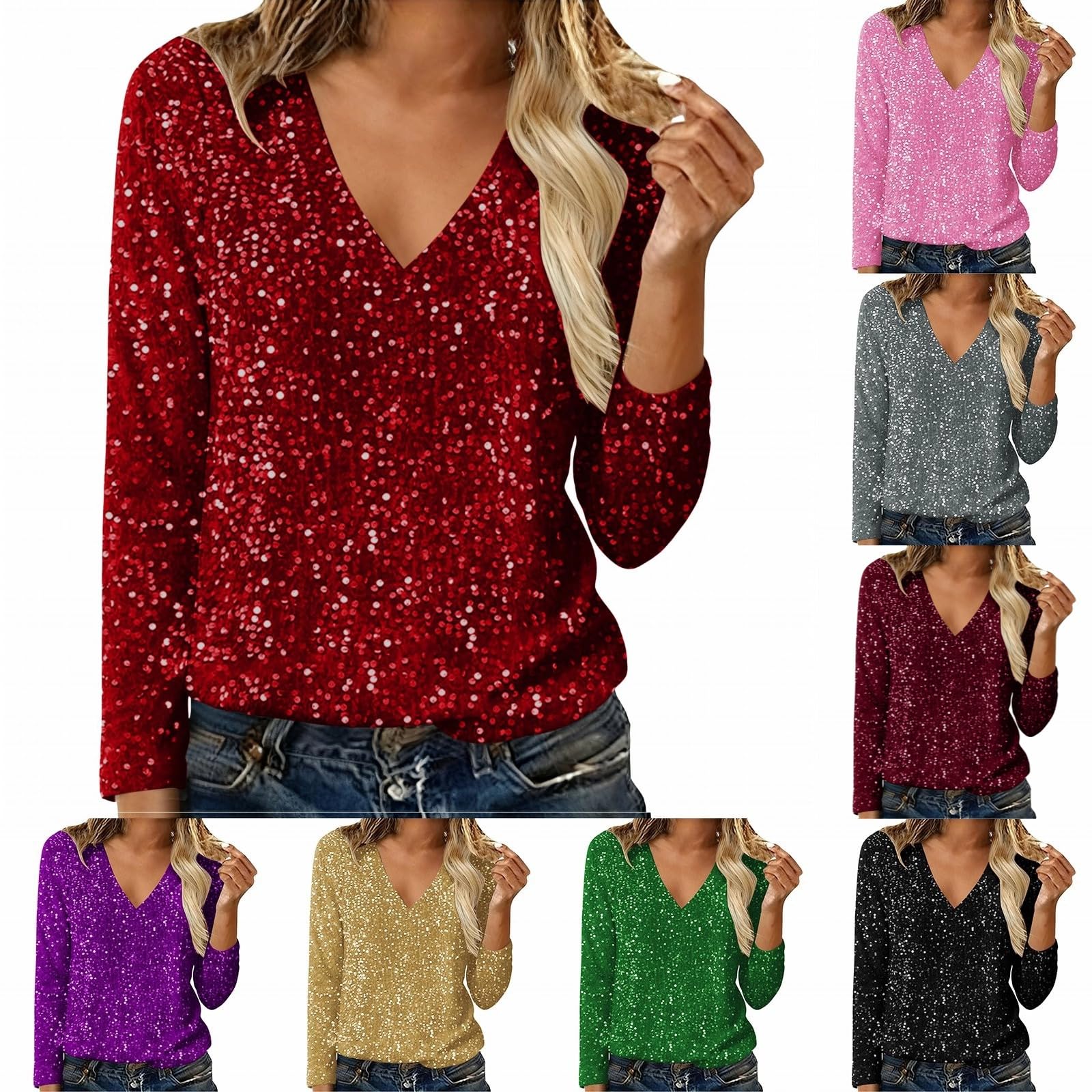 Sequin Tops for Women V Neck Long Sleeve Glitter Sparkly Sparkle Shirt Fashion Outfit Christmas Holiday New Years