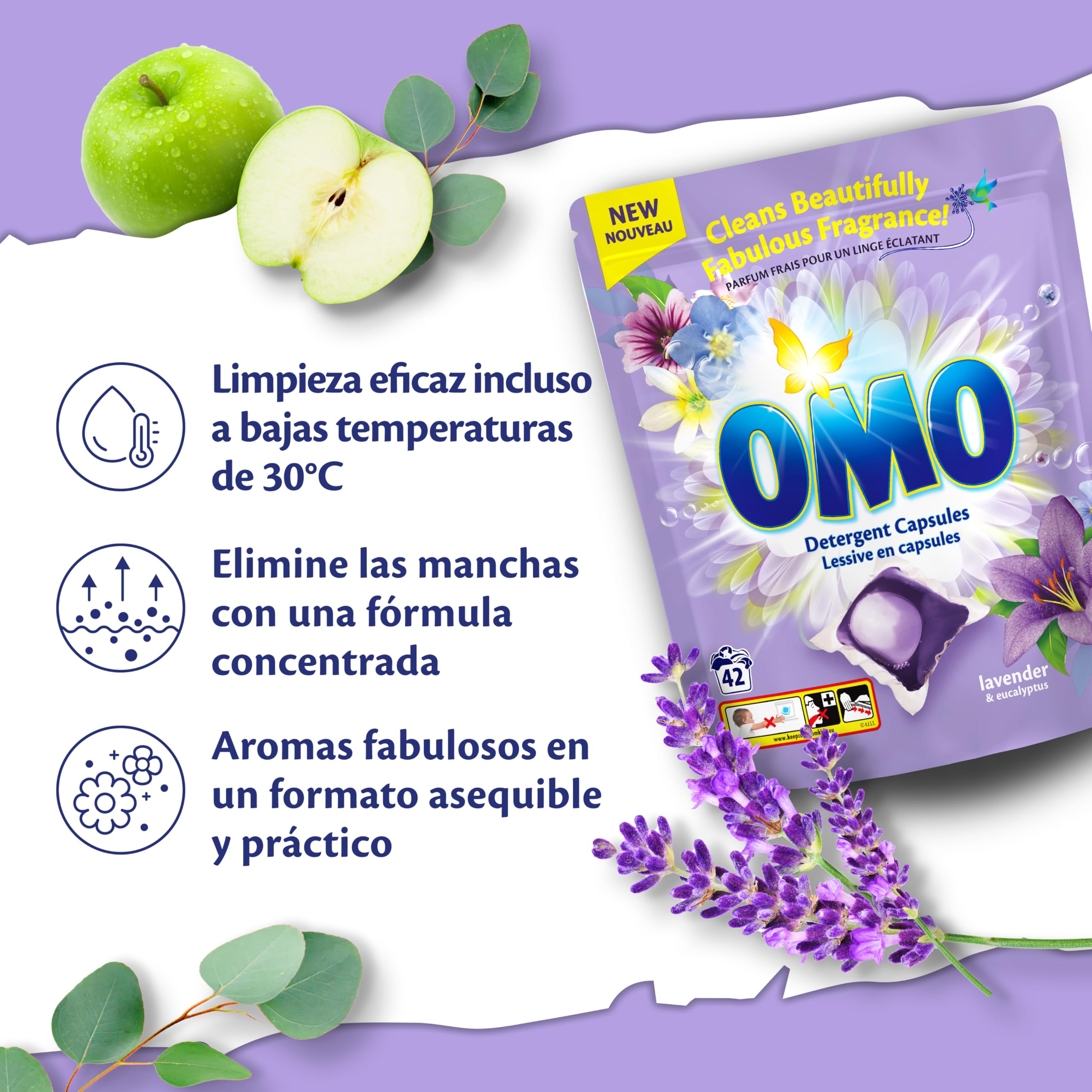 OMO Cápsulas Detergente Lavanda & Eucalipto | Pack Ahorro | 42 Capsulas