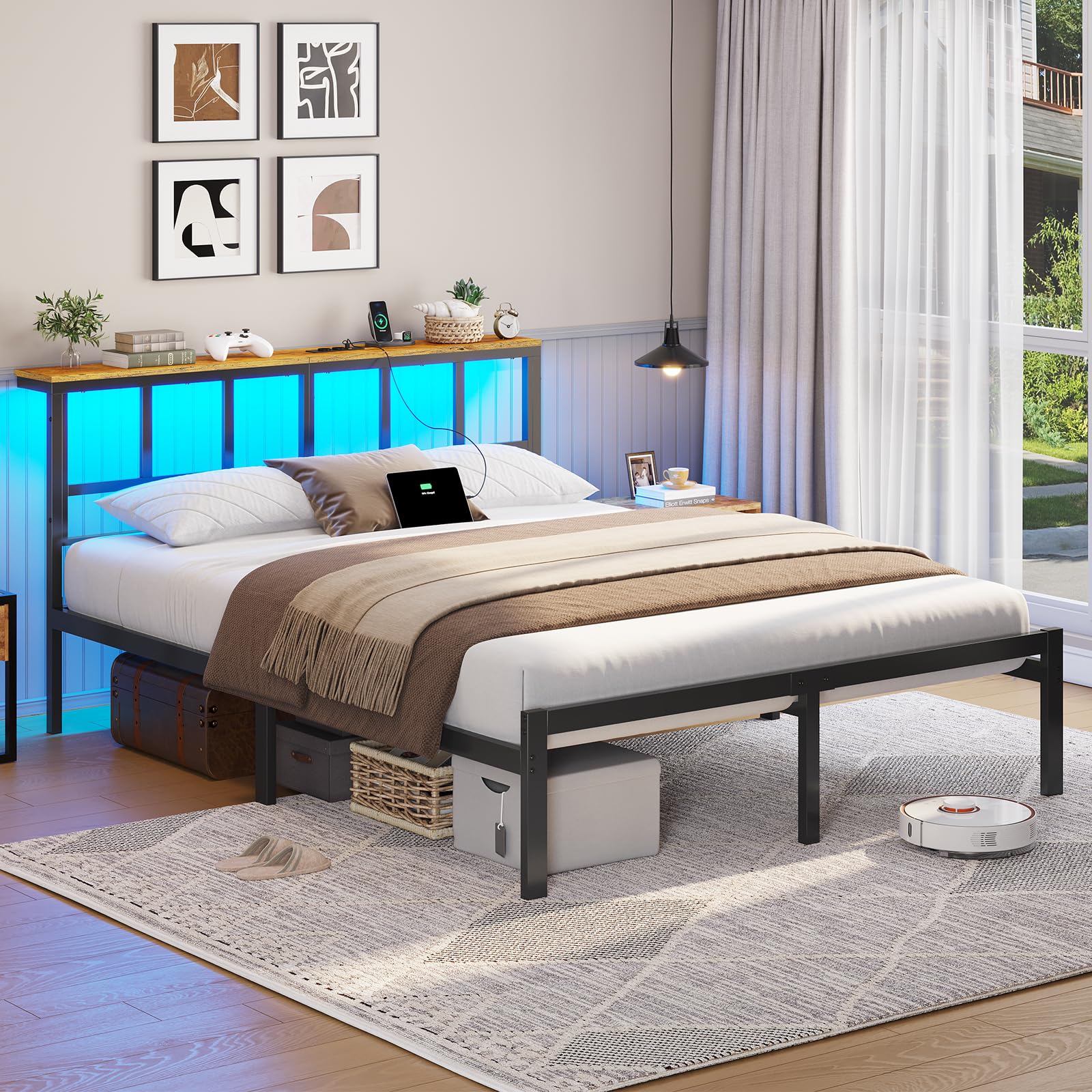 Brinlawb Bett 160x200 mit Lattenrost aus Metall, Bettgestell 160x200cm mit LED Beleuchtung, Ladestation (2 AC-Steckdosen,2 USB-Anschlüsse) Metallbett 160x200 cm mit Kopfteil und Stauraum Doppelbett