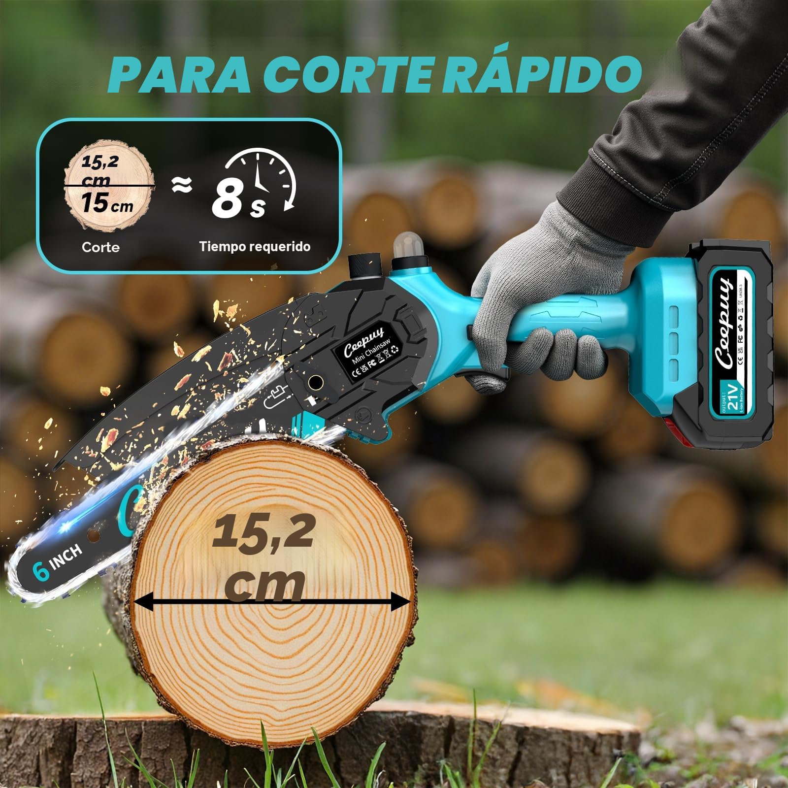 Mini Motosierra Batería 6 Pulgadas 2×4000mAh, Sierra Eléctrica Inalámbrica con Depósito de Aceite, Portátil para Podar Jardinería y Árboles