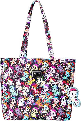 tokidoki Unicorno Cute Canvas Tote Bag with Zipper for Women Foldable Large Hobo Shoulder Bag with Doll for Work Travel