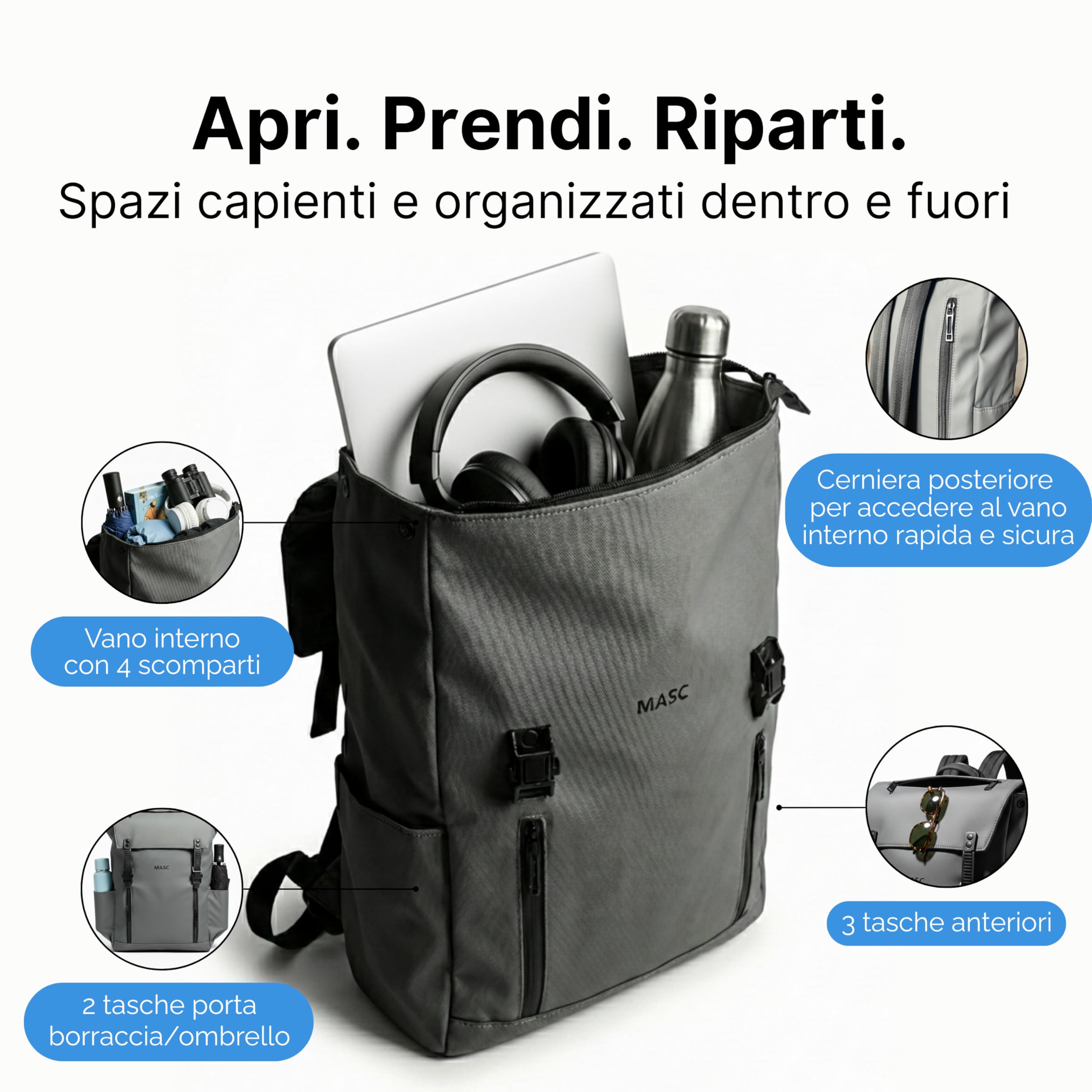 MASC Zaino da Lavoro Impermeabile, Zaino Porta Laptop ideale per Ufficio e Università - Zaino da Viaggio Capiente 22L