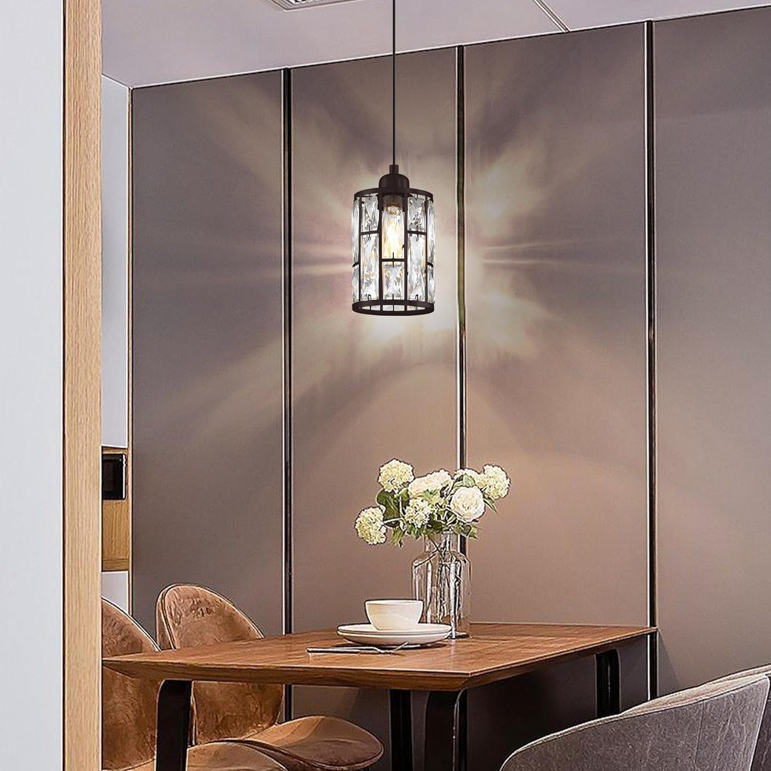 3 Pack 1 Light 5.4" Crystal Shade Hanging Kitchen Island Pendant Light Black Finish,Modern Pendant Fixture with Crystal Metal Shade for Bar,Dining Room,Living Room Over Sink